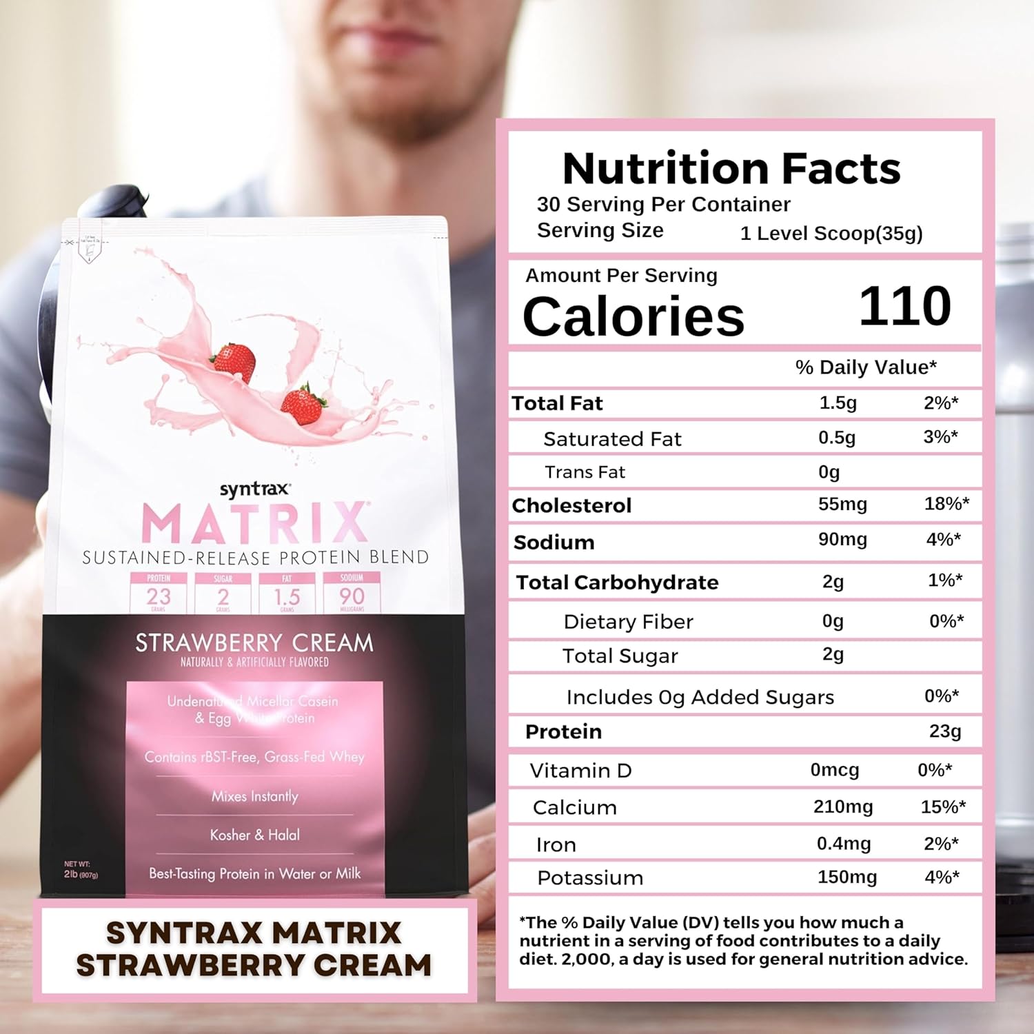 Syntrax Bundle: Matrix Protein Powder 2.0 - Strawberry Cream Flavor, 2lbs with Sustained-Release Casein and Whey Protein - Includes Worldwide Nutrition Keychain
