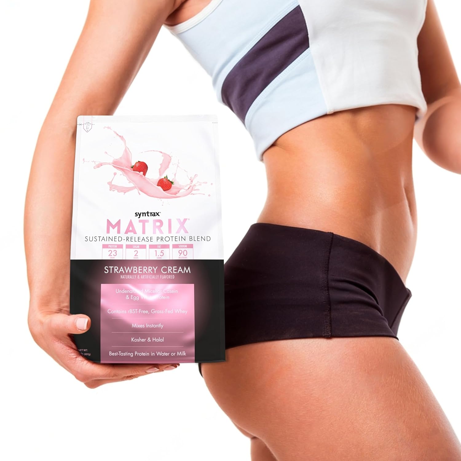 Syntrax Bundle: Matrix Protein Powder 2.0 - Strawberry Cream Flavor, 2lbs with Sustained-Release Casein and Whey Protein - Includes Worldwide Nutrition Keychain