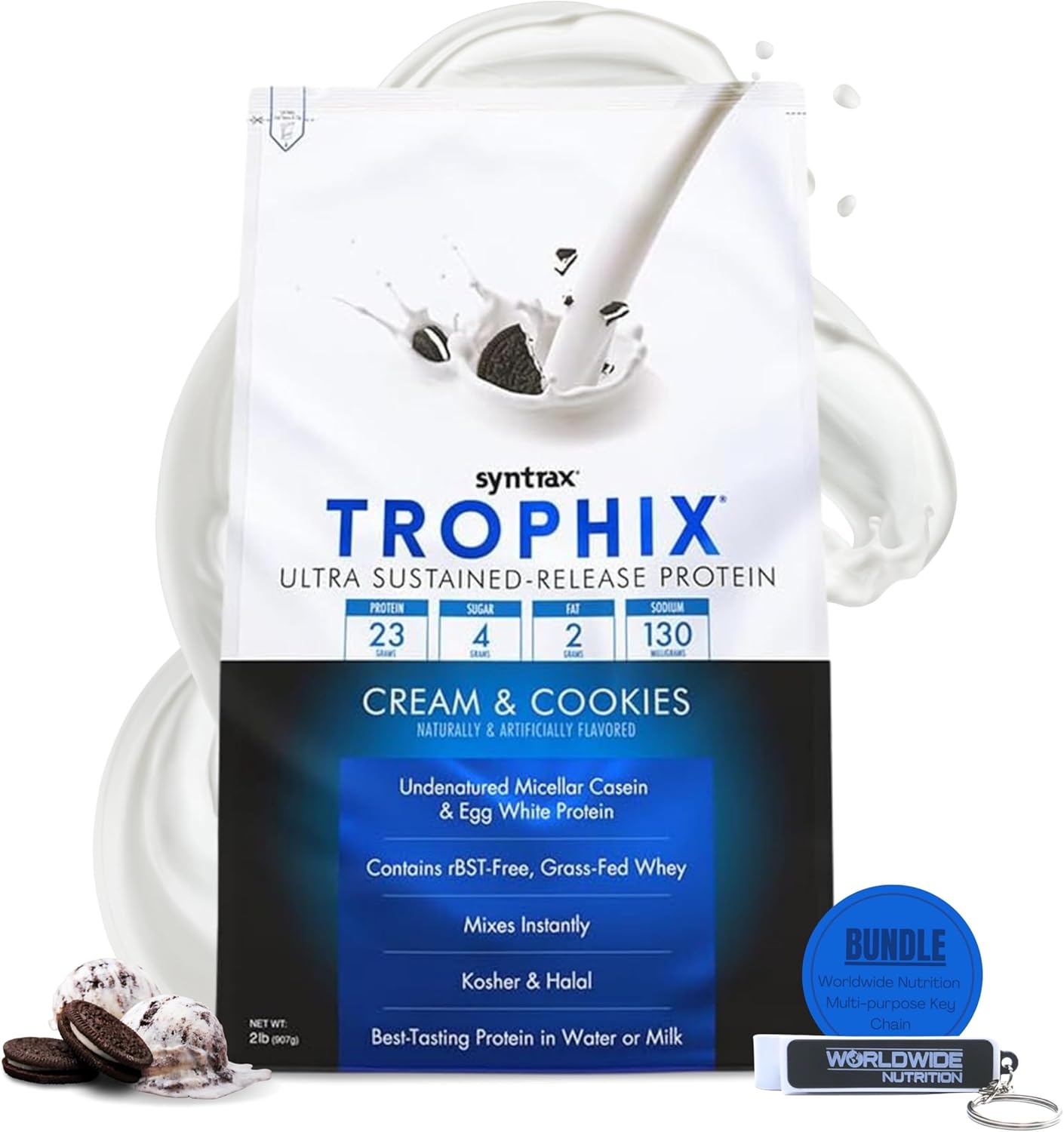 Syntrax Bundle: Trophix Cream & Cookies Casein Protein + Instant Mix Whey & Egg White Protein Powder - 2lb High Protein Powder with Nutrition Keychain