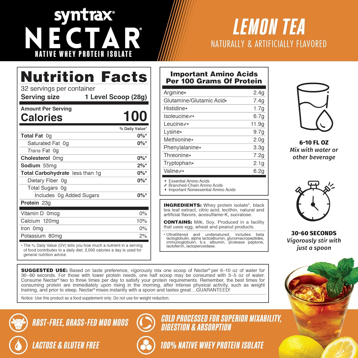 Syntrax Nutrition Nectar Lemon Tea 100% Whey Isolate Protein Powder - Refreshing Fruit Flavor - 2 lbs