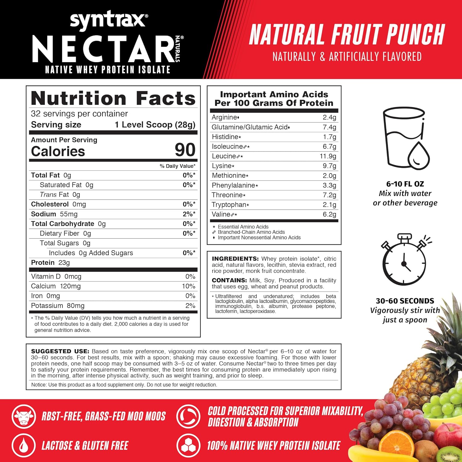 Syntrax Nutrition Nectar Naturals Whey Isolate Protein Powder - Natural Fruit Punch Flavor - 2 lbs