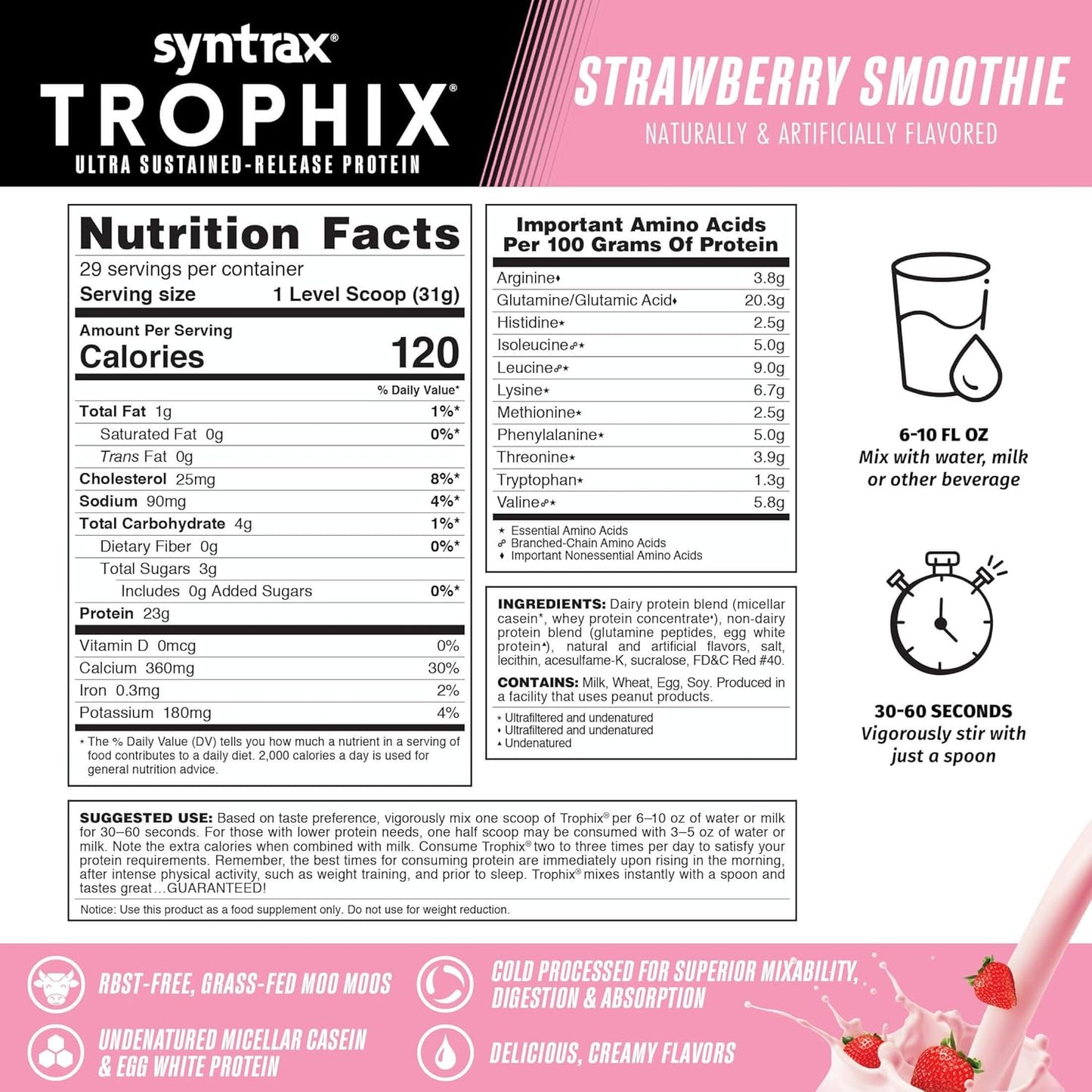Syntrax Nutrition Trophix Strawberry Smoothie Protein Powder, 2 lbs, Ultra Sustained-Release Blend