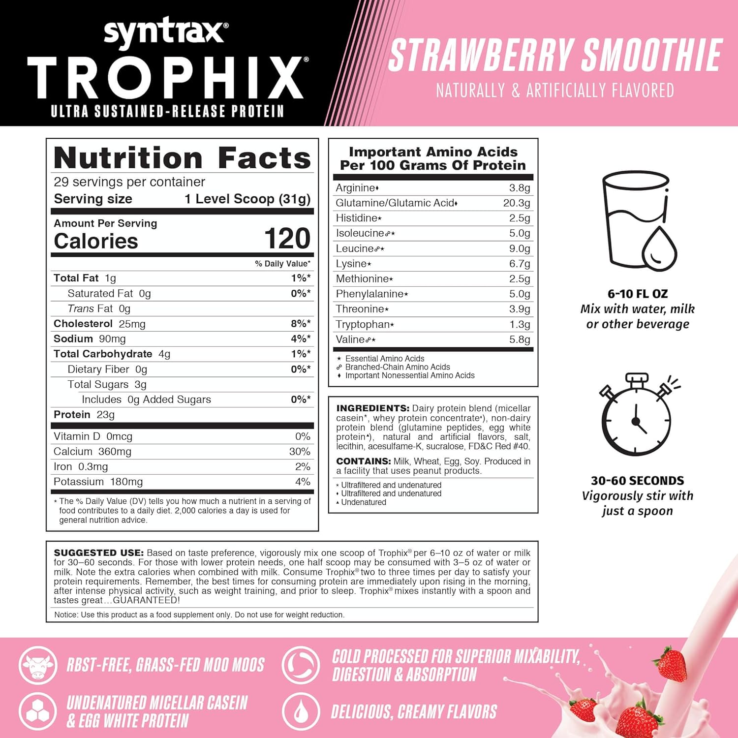 Syntrax Nutrition Trophix Strawberry Smoothie Protein Powder, 2 lbs, Ultra Sustained-Release Blend
