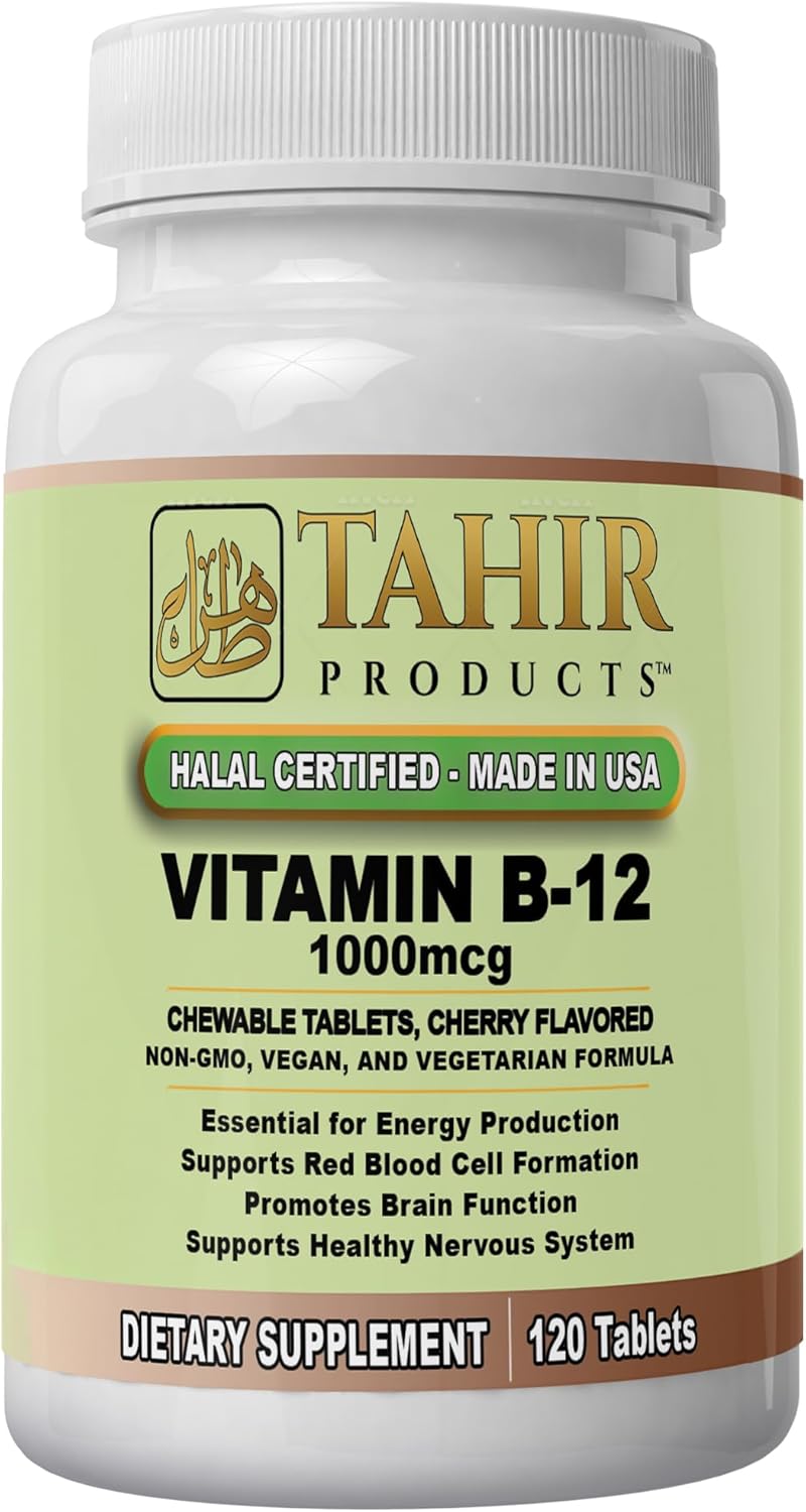 Tahir Halal Vitamin B12 1000mcg Chewable Tablets for Energy, Metabolism & Nervous System Support - Vegan, Vegetarian, Dairy-Free - 120 Count, Made in USA