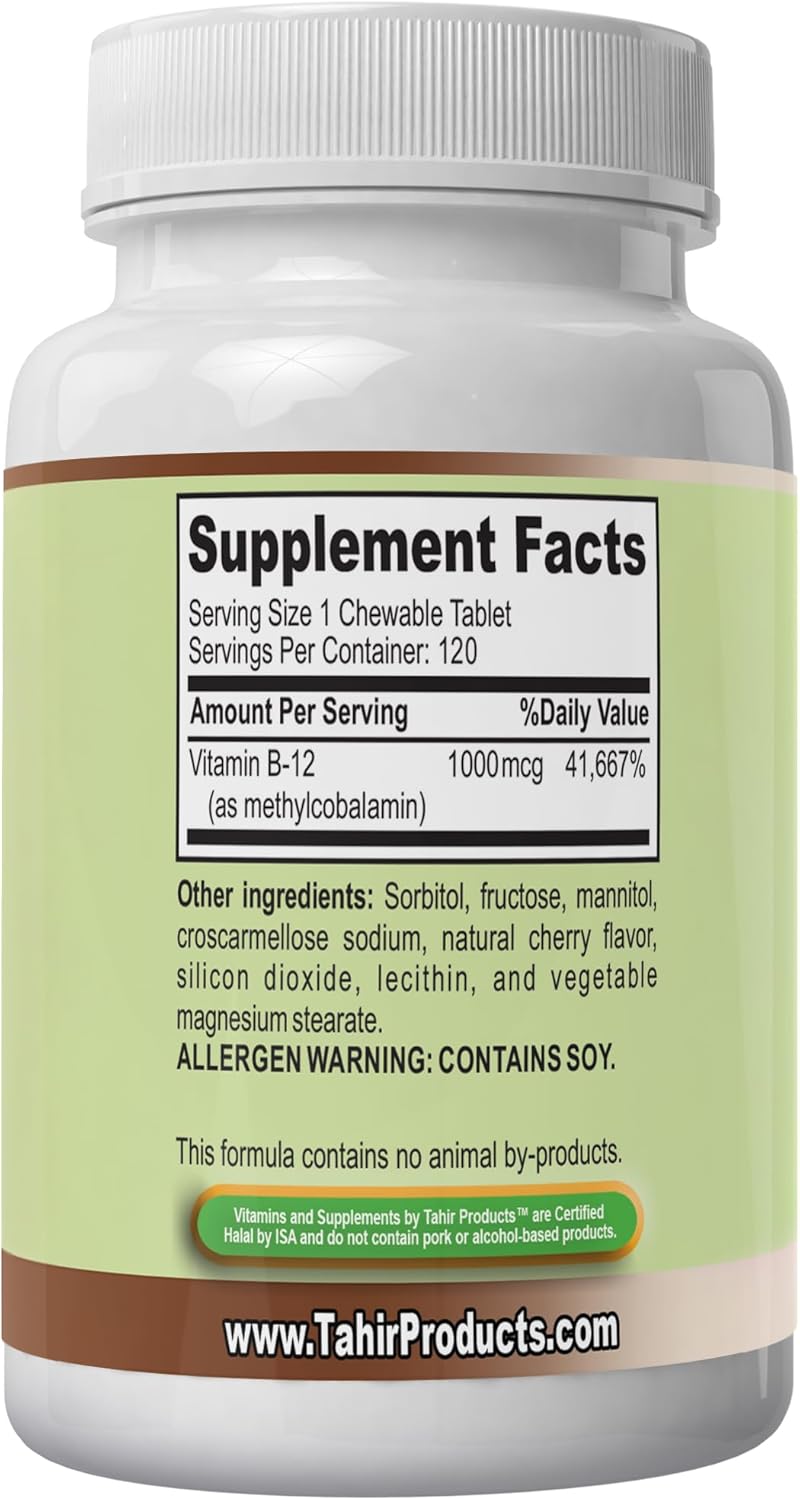 Tahir Halal Vitamin B12 1000mcg Chewable Tablets for Energy, Metabolism & Nervous System Support - Vegan, Vegetarian, Dairy-Free - 120 Count, Made in USA