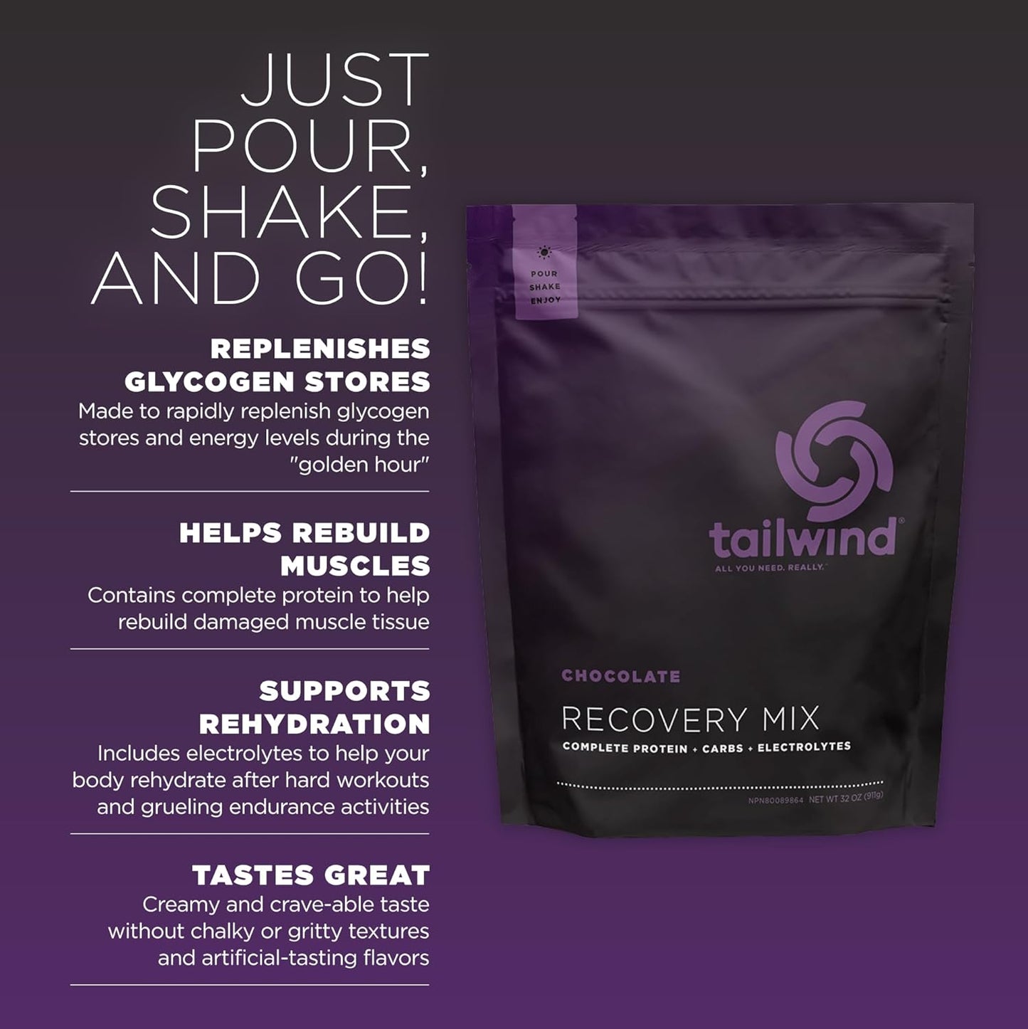 Tailwind Nutrition Recovery Mix: Vegan Chocolate Powder Drink with Complete Protein, Carbs, Electrolytes - Gluten, Soy, Dairy-Free, 15 Servings