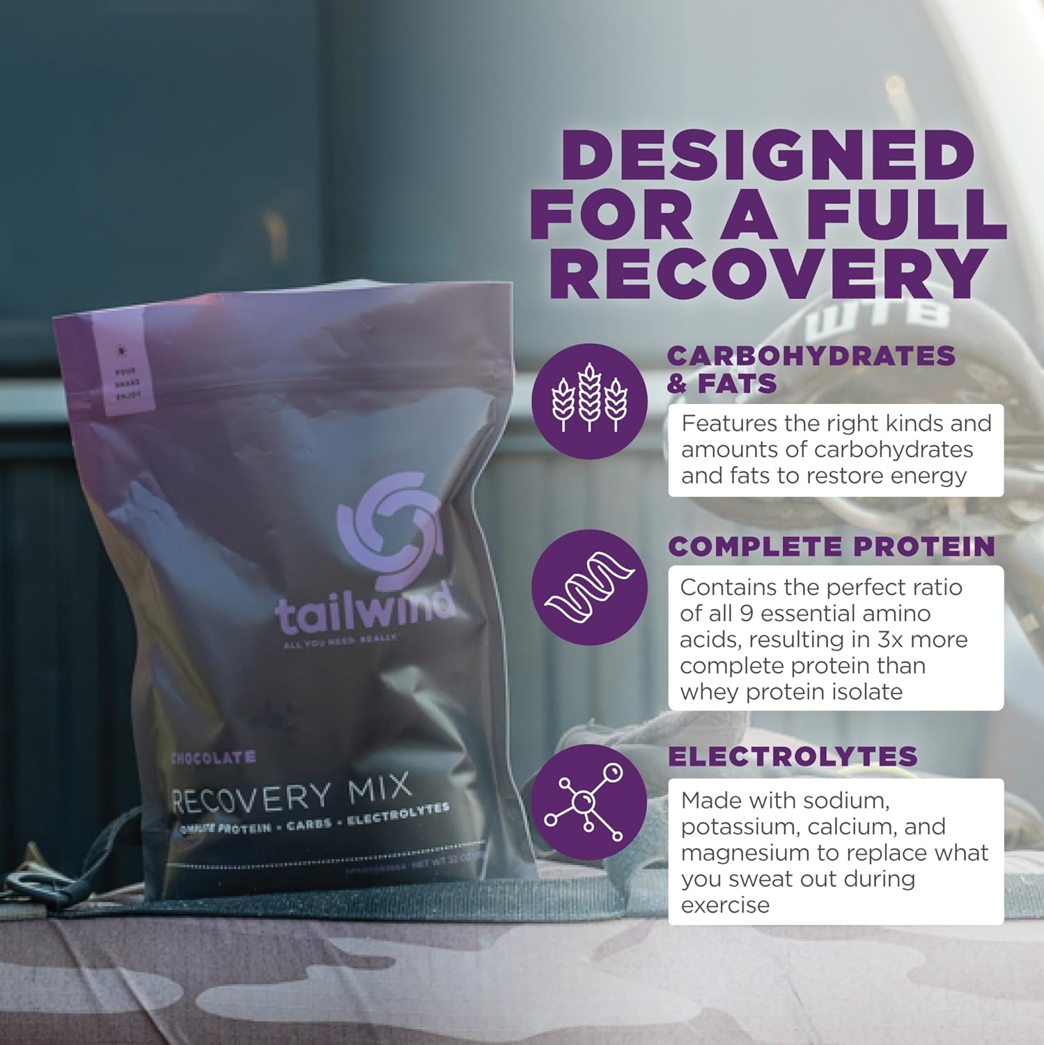 Tailwind Nutrition Recovery Mix: Vegan Chocolate Powder Drink with Complete Protein, Carbs, Electrolytes - Gluten, Soy, Dairy-Free, 15 Servings