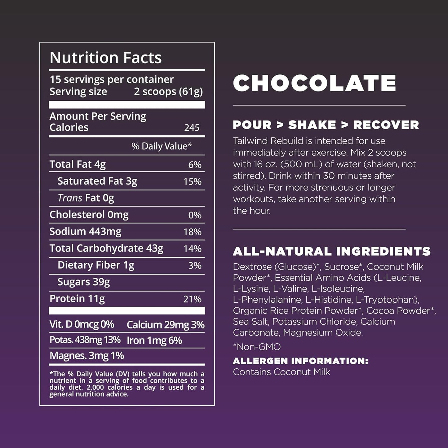 Tailwind Nutrition Recovery Mix: Vegan Chocolate Powder Drink with Complete Protein, Carbs, Electrolytes - Gluten, Soy, Dairy-Free, 15 Servings