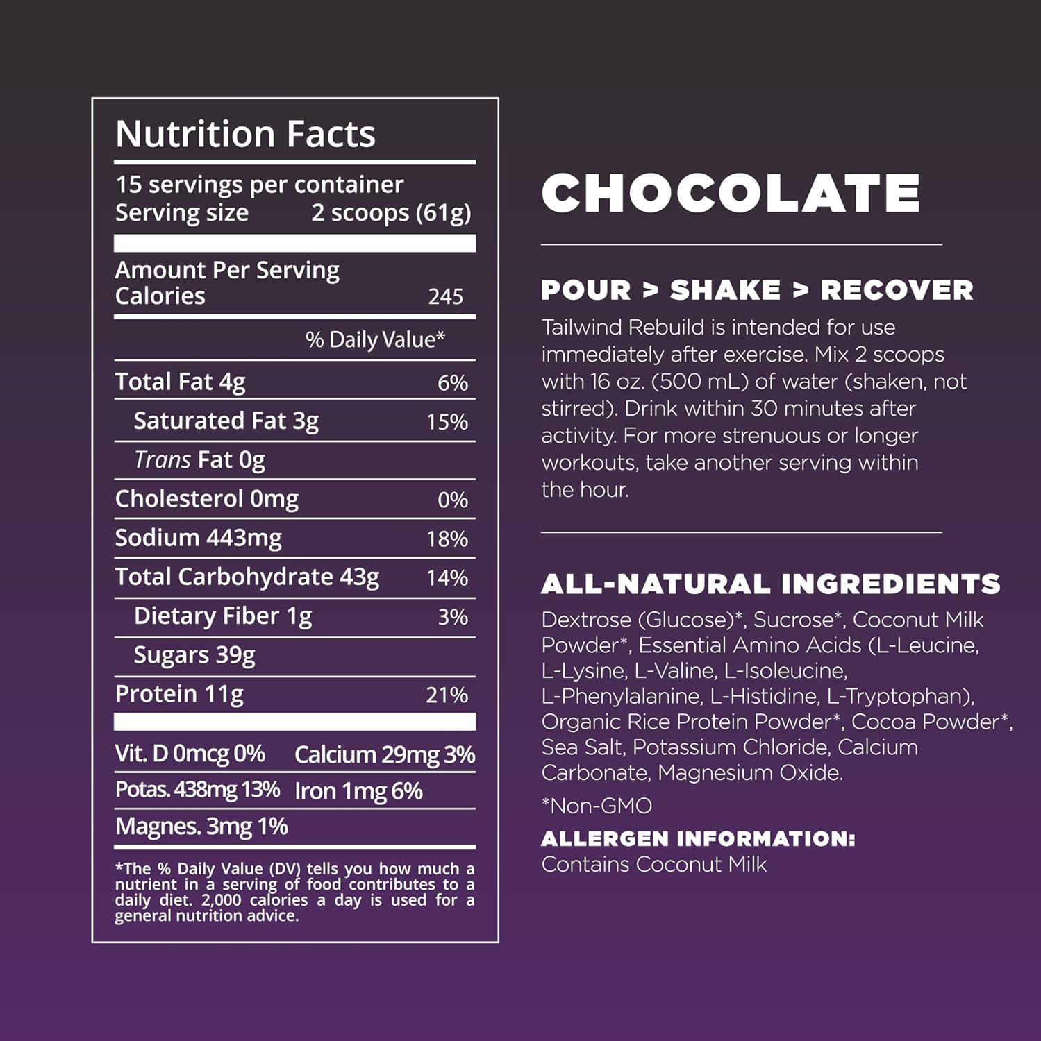 Tailwind Nutrition Recovery Mix: Vegan Chocolate Powder Drink with Complete Protein, Carbs, Electrolytes - Gluten, Soy, Dairy-Free, 15 Servings