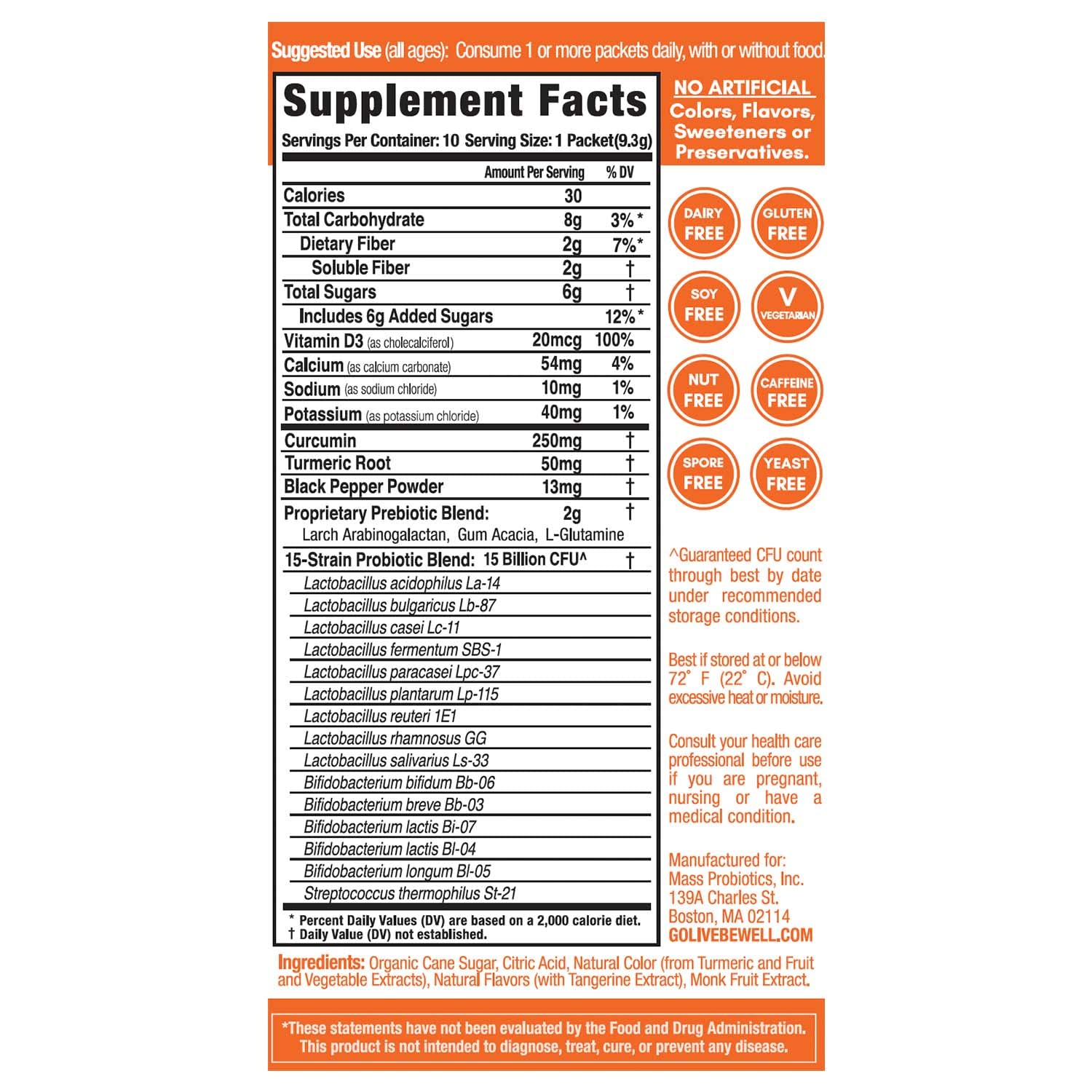 Tangerine Turmeric Synbiotic Powder with Prebiotics and Probiotics for Gut Health and Immunity - 15-50B CFUs, L-Glutamine, Vitamin D3, Electrolytes - Women, Men, Kids.