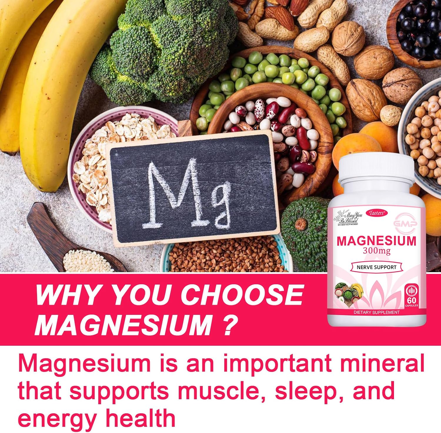 TAOTERS Magnesium Complex Supplement | 300mg per Serving | Supports Heart, Bone, Nerves & Energy | High Absorption | 60 Capsules