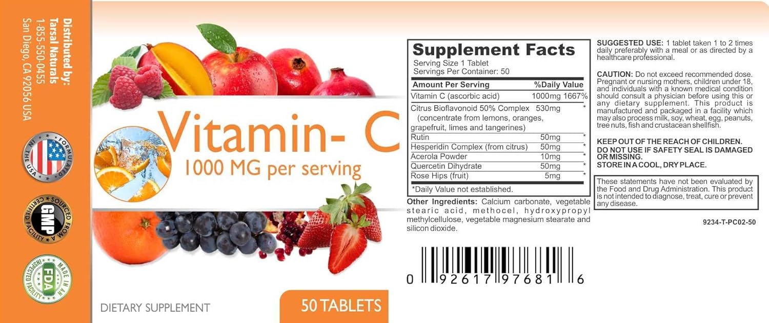 Tarsal Naturals Vitamin C 1000 MG with Rose Hips for Ear & Eye Health, Immune Support, Iron Absorption - 50 Tablets, Made in USA