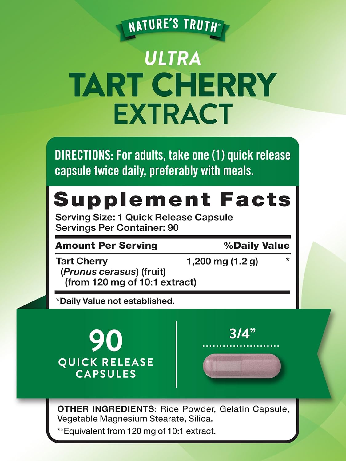 Tart Cherry Extract Capsules 1200mg, 90 Count - Non-GMO & Gluten Free Supplement by Nature's Truth