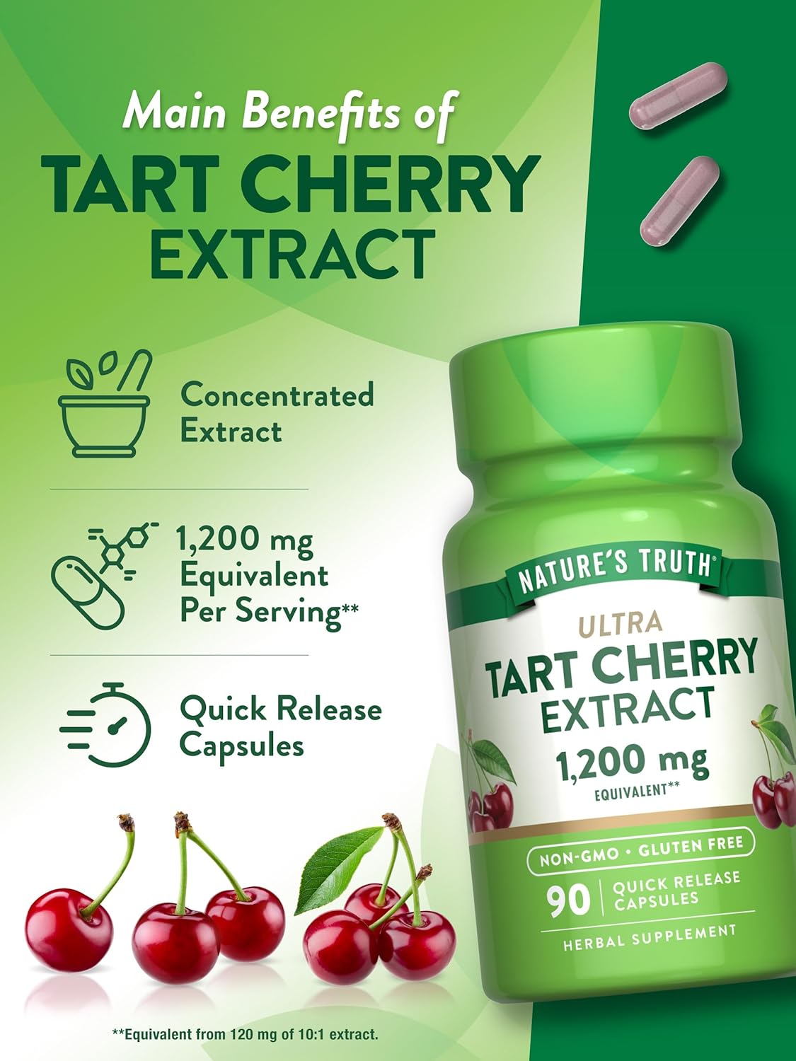 Tart Cherry Extract Capsules 1200mg, 90 Count - Non-GMO & Gluten Free Supplement by Nature's Truth