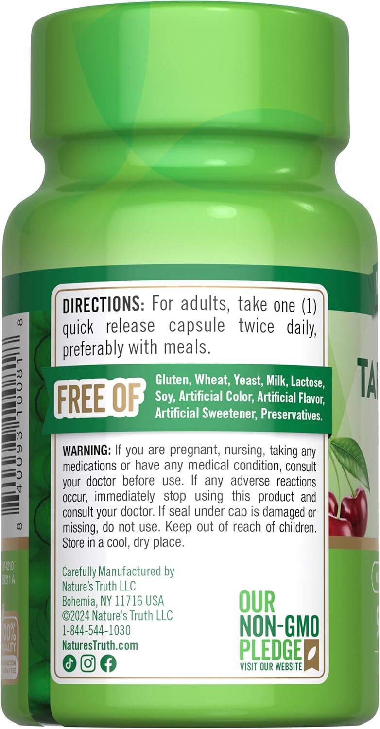 Tart Cherry Extract Capsules 1200mg, 90 Count - Non-GMO & Gluten Free Supplement by Nature's Truth