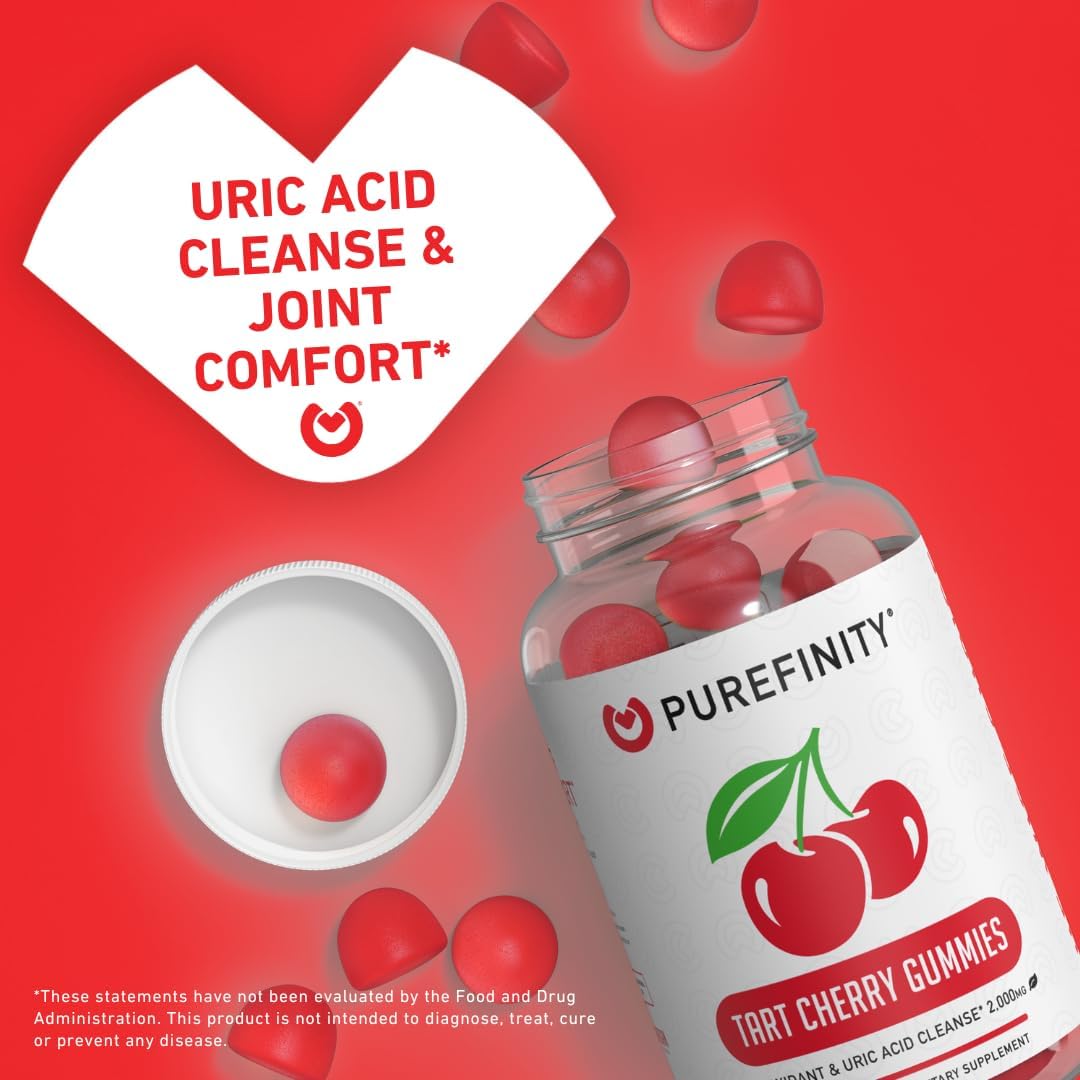Tart Cherry Gummies for Joint Relief & Recovery - Uric Acid Flush, Antioxidant Rich Raw Juice Extract - Non-GMO, Gluten Free, Vegan - 60 Count