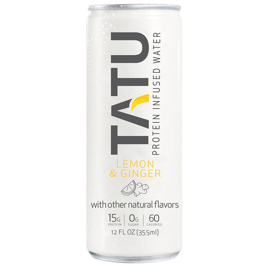 TATU Protein Infused Water Lemon Ginger 24 Pack - 15g Protein, 0g Sugar, 60 Calories. Lemon Ginger & Orange Mango Flavors. Gluten & Lactose Free.