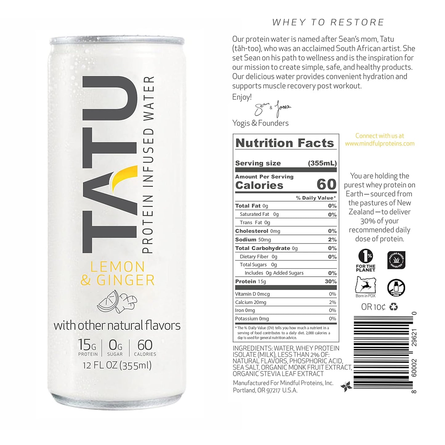 TATU Protein Infused Water Lemon Ginger 24 Pack - 15g Protein, 0g Sugar, 60 Calories. Lemon Ginger & Orange Mango Flavors. Gluten & Lactose Free.