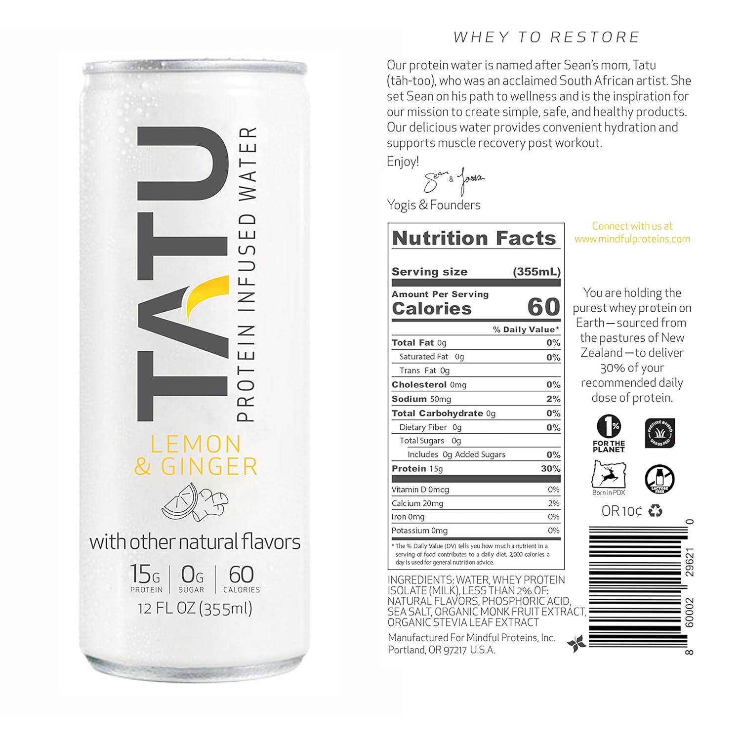 TATU Protein Infused Water Lemon Ginger 24 Pack - 15g Protein, 0g Sugar, 60 Calories. Lemon Ginger & Orange Mango Flavors. Gluten & Lactose Free.