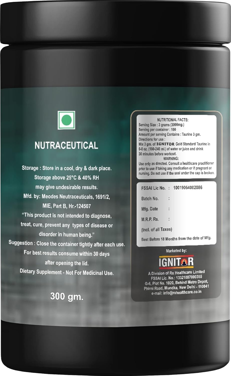 Taurine Powder Pre Workout Supplement for Energy Boost - 300g Unflavoured - Gold Standard Formula