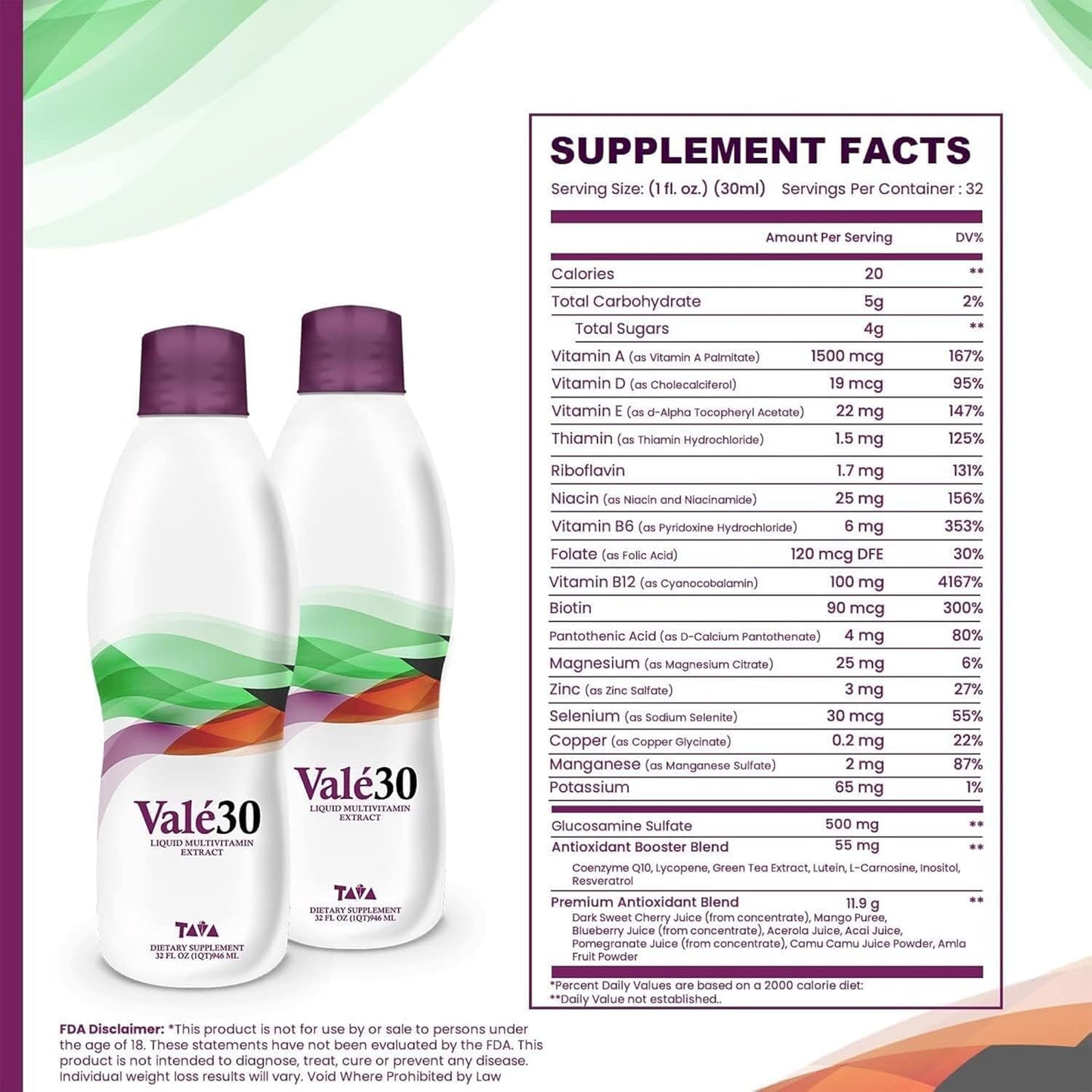 TAVA Valé30 Liquid Multivitamin - 30-Day Supply with Vitamin A and B Complex - Daily Boost Drink for Men, Women, and Family - 2 Bottles