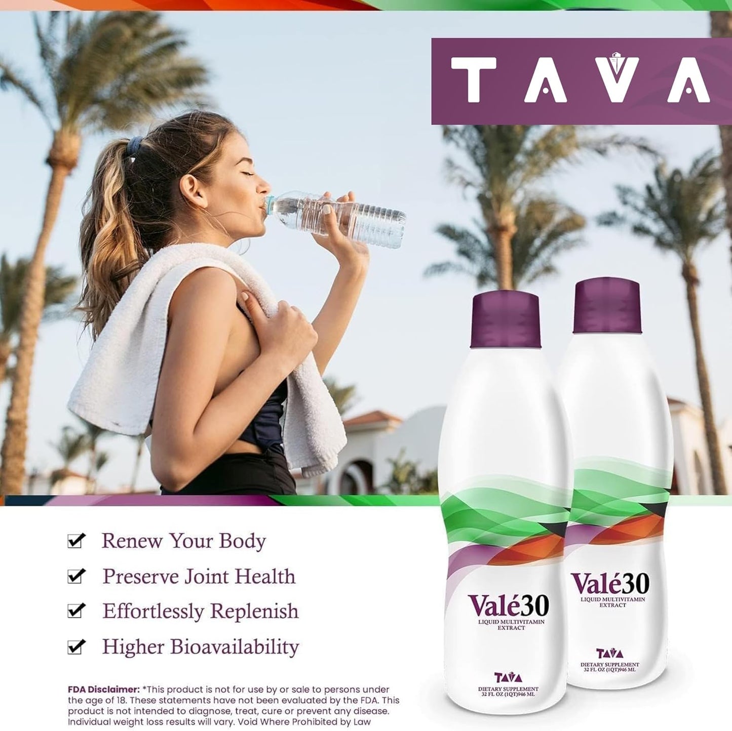 TAVA Valé30 Liquid Multivitamin - 30-Day Supply with Vitamin A and B Complex - Daily Boost Drink for Men, Women, and Family - 2 Bottles