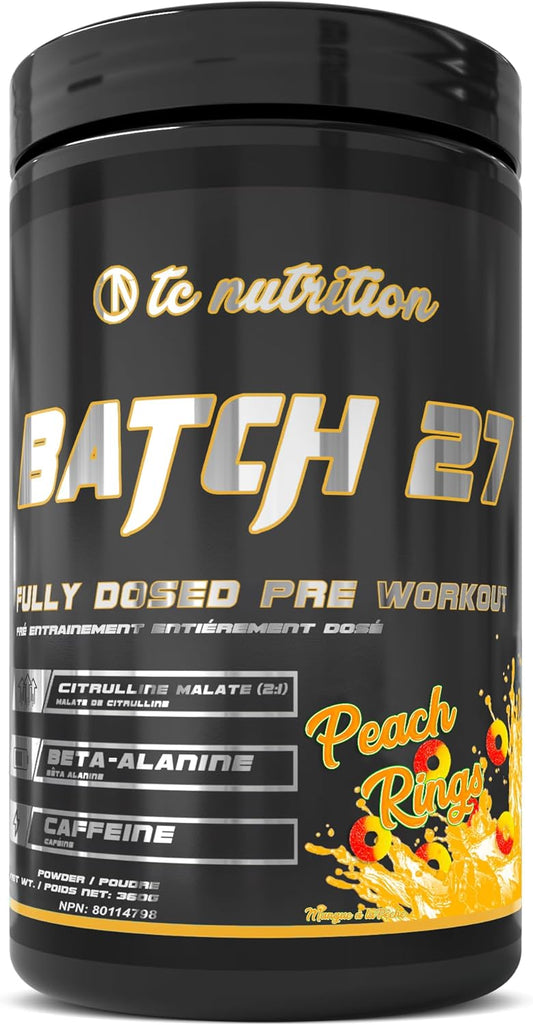 TC Nutrition Batch 27 Pre Workout Powder - Peach Rings Flavor - Instant Energy, Focus, Pumps, & Strength - Nitric Oxide Booster - 20 Servings