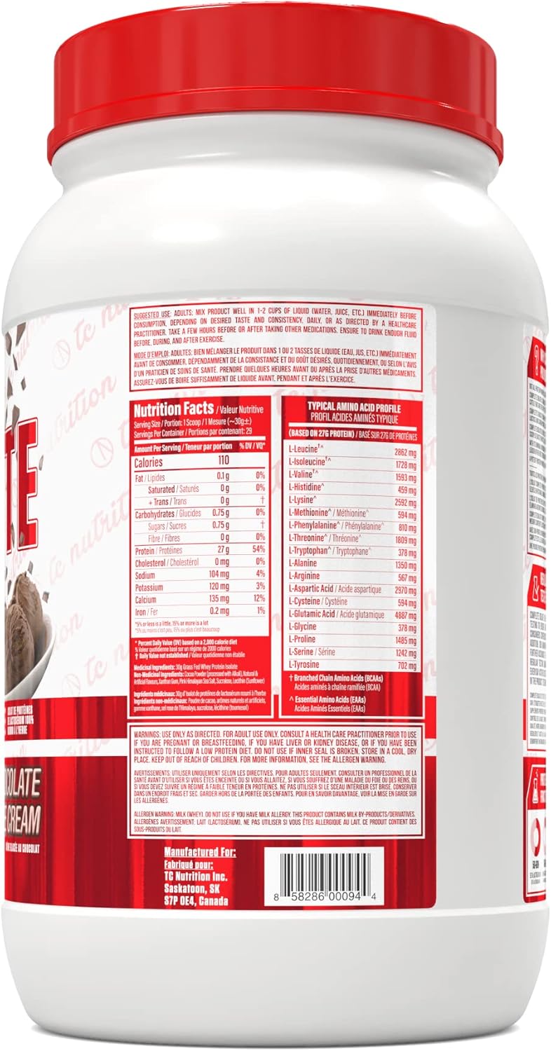 TC Nutrition Complete Isolate Grass Fed Whey Protein Powder - Chocolate Ice Cream Flavor, Non-GMO Formula for Muscle Growth & Recovery, Zero Carbs & Fat, 29 Servings (2lb)