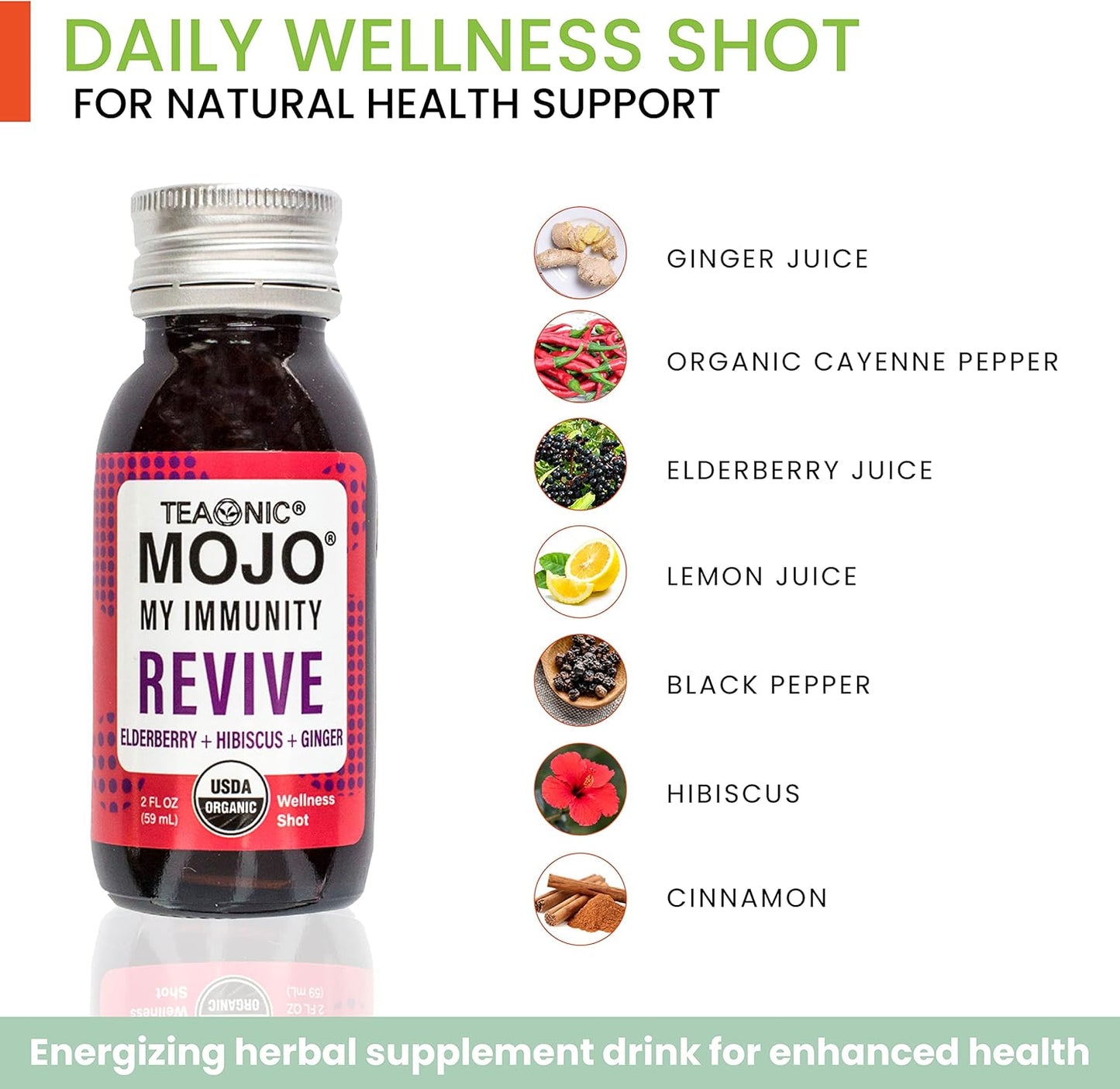 TEAONIC My Immunity Mojo Herbal Supplement: Elderberry, Hibiscus, Ginger Juice Shots, USDA Organic, Vegan, Gluten-Free - 12 Pack, 2 Fl. Oz Each