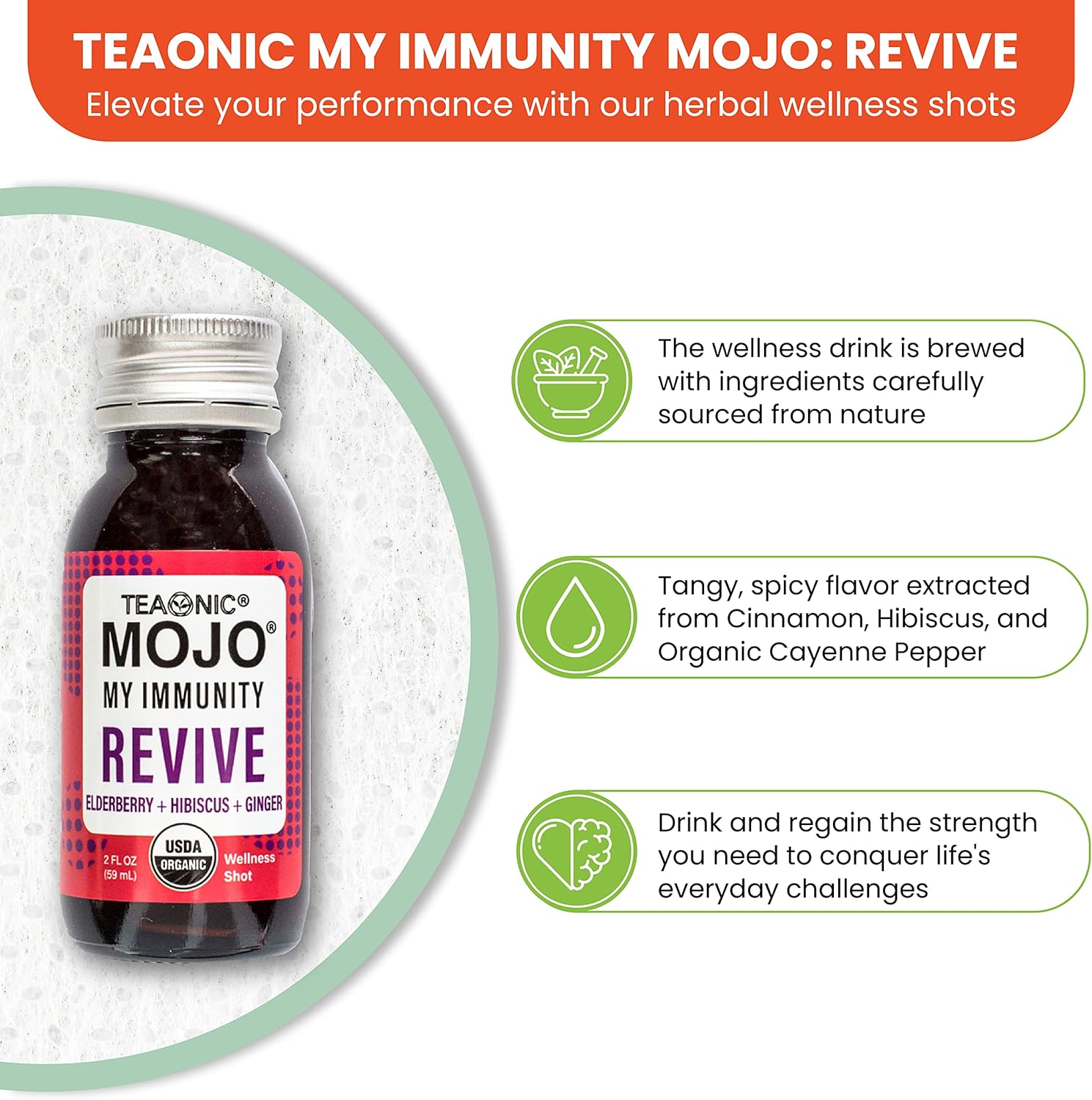 TEAONIC My Immunity Mojo Herbal Supplement: Elderberry, Hibiscus, Ginger Juice Shots, USDA Organic, Vegan, Gluten-Free - 12 Pack, 2 Fl. Oz Each