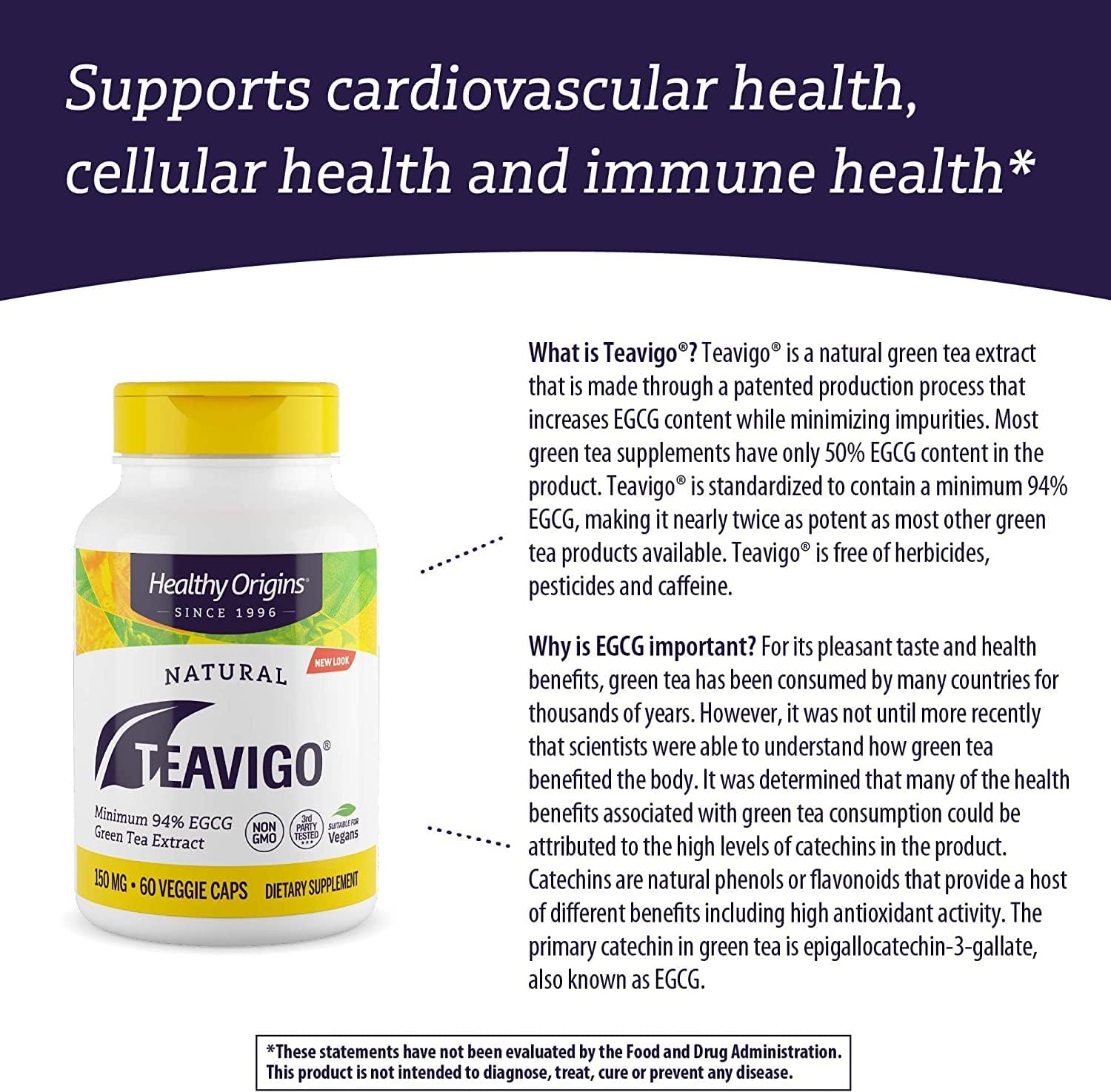 TEAVIGO Green Tea Extract Capsules - 150mg, 94% EGCG, Antioxidant Supplement - Vegan, Non-GMO, Gluten-Free - 60 Veg Caps