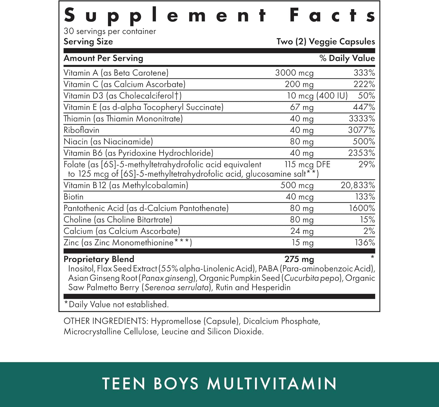 Teen Boys Daily Multivitamin Supplement - 60 Vegetarian Capsules - Kosher - 30 Servings - MICHAEL'S Health Naturopathic Programs