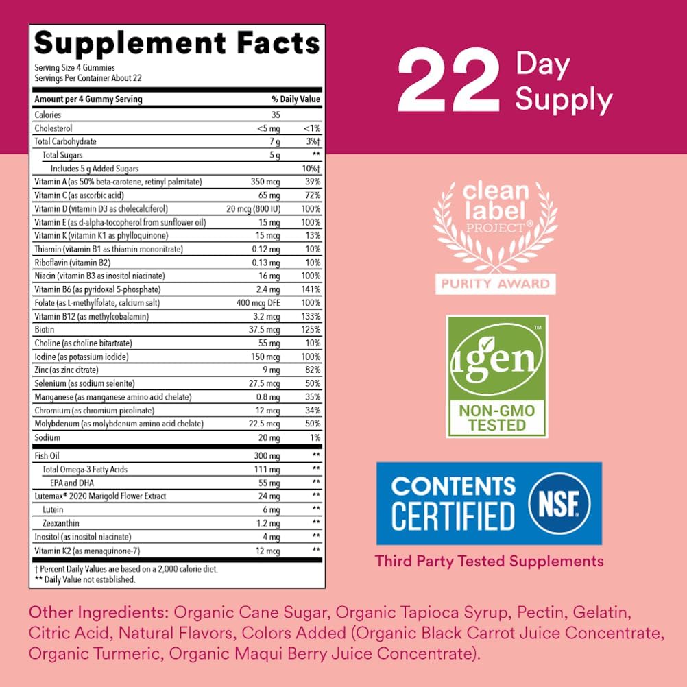 Teen Girl Multivitamin Gummies with Omega 3 Fish Oil, Vitamin C, D3, B12, A, K, Zinc, and Biotin - Gluten Free - 90 Count