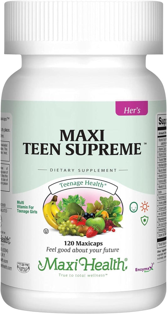 Teen Girls Multivitamin for Energy, Immune Boost & Growth - Maxi Health Teen Supreme Hers (120) - Womens Multi Vitamins with D3, Iron, Calcium & Digestive Enzyme