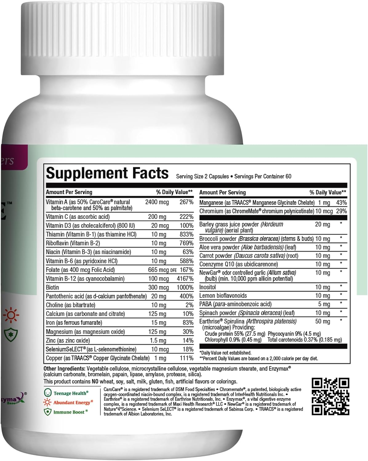 Teen Girls Multivitamin for Energy, Immune Boost & Growth - Maxi Health Teen Supreme Hers (120) - Womens Multi Vitamins with D3, Iron, Calcium & Digestive Enzyme