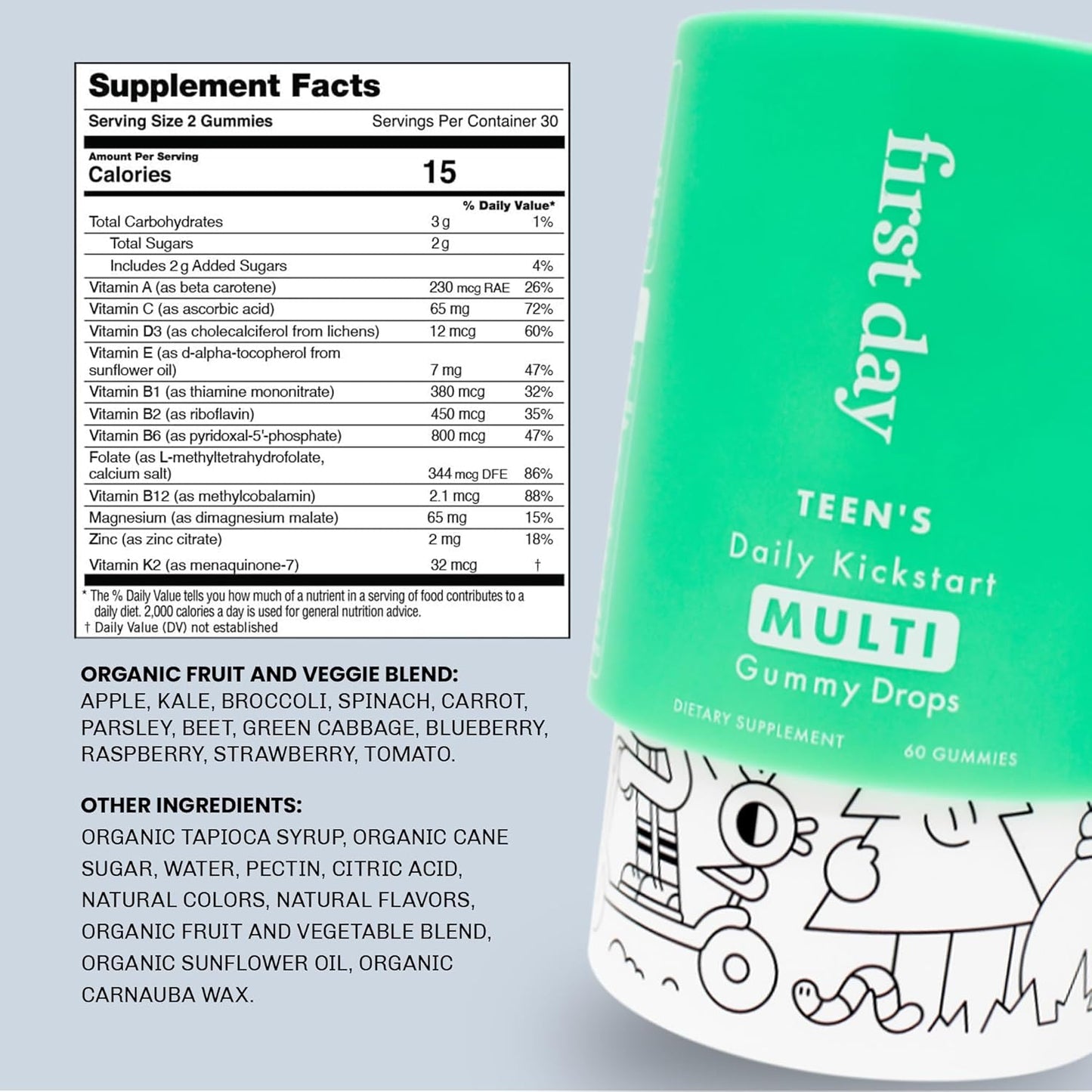 Teens 14+ Daily Multivitamin Gummies with Organic Fruits & Veggies - 60 Days Supply - 2-Pack
