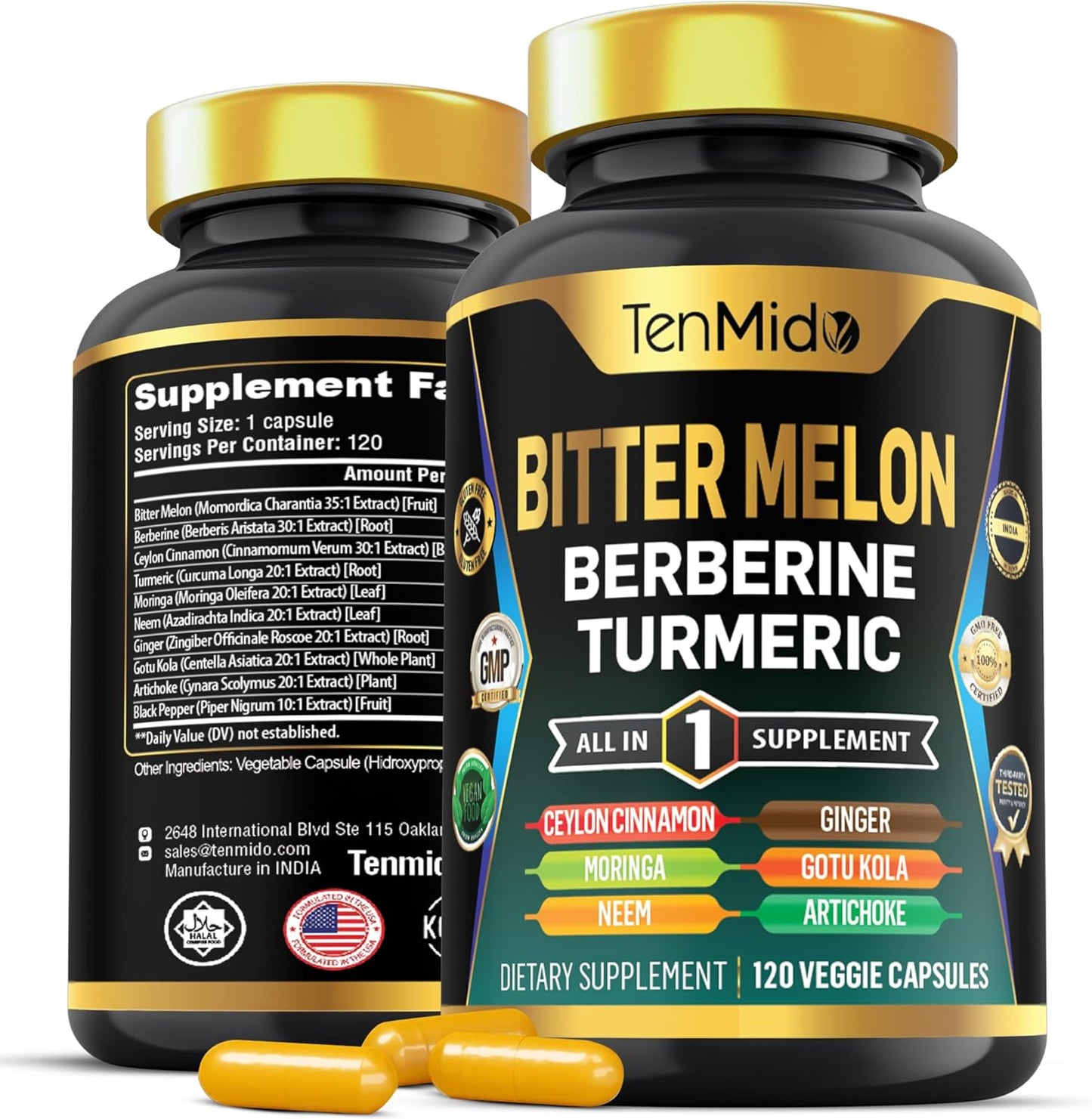 Tenmido Bitter Melon 10in1 Supplement with Berberine, Ceylon Cinnamon, Turmeric, Moringa, Neem, Ginger, Gotu Kola, Artichoke, Black Pepper - 120 Capsules (4 Months Supply)