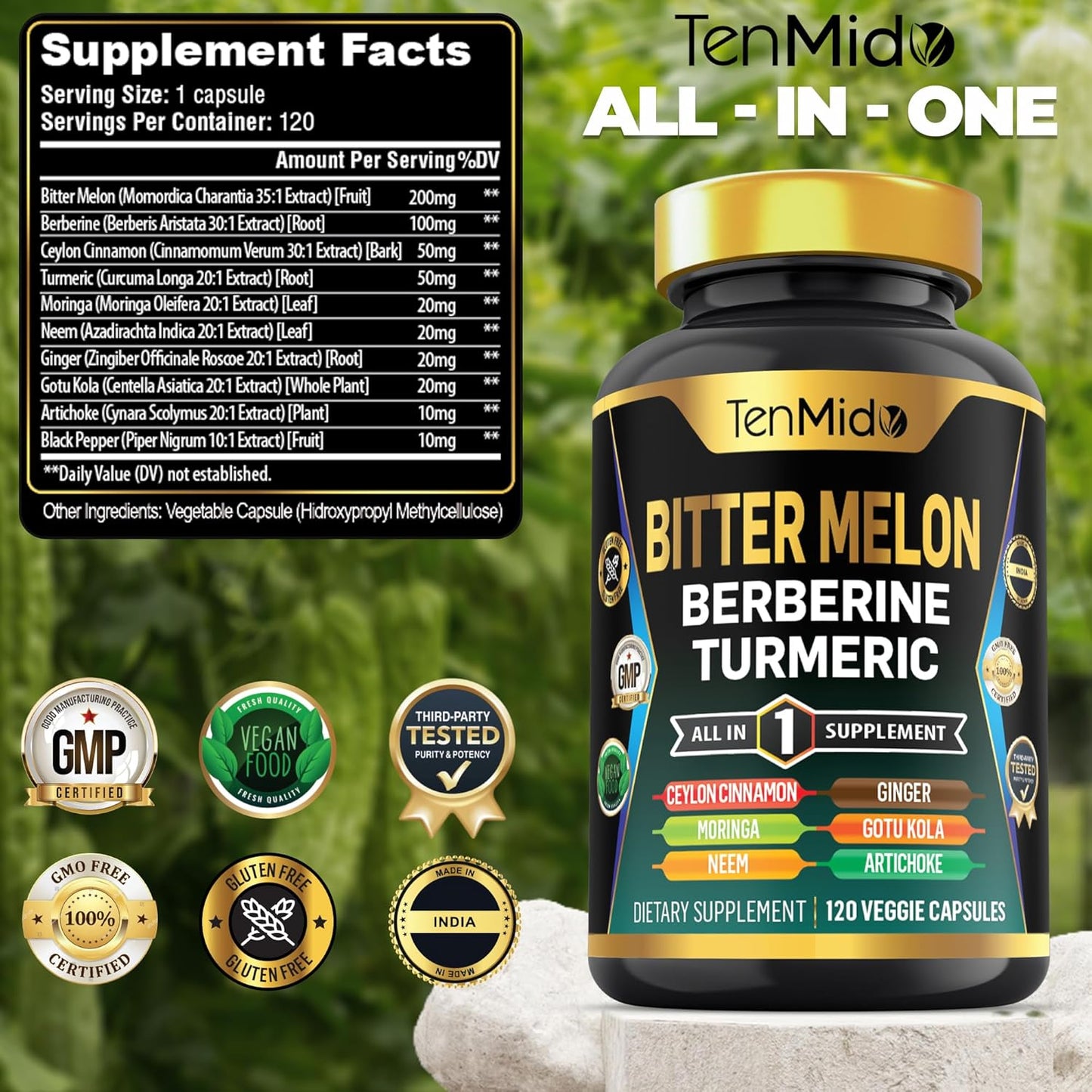 Tenmido Bitter Melon 10in1 Supplement with Berberine, Ceylon Cinnamon, Turmeric, Moringa, Neem, Ginger, Gotu Kola, Artichoke, Black Pepper - 120 Capsules (4 Months Supply)