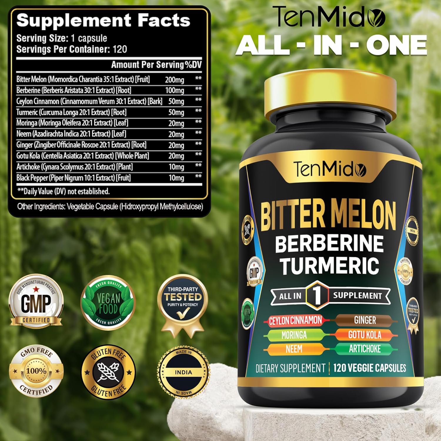 Tenmido Bitter Melon 10in1 Supplement with Berberine, Ceylon Cinnamon, Turmeric, Moringa, Neem, Ginger, Gotu Kola, Artichoke, Black Pepper - 120 Capsules (4 Months Supply)