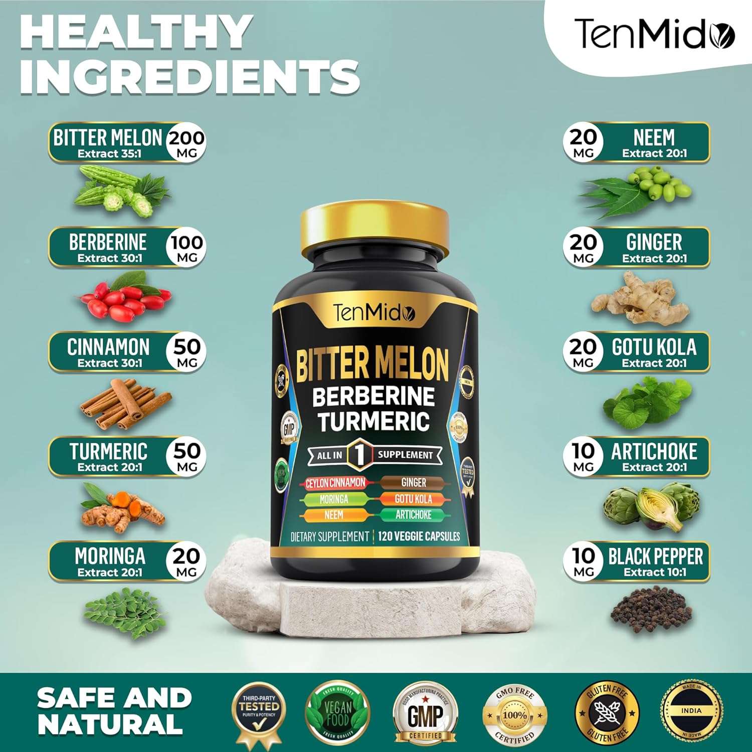 Tenmido Bitter Melon 10in1 Supplement with Berberine, Ceylon Cinnamon, Turmeric, Moringa, Neem, Ginger, Gotu Kola, Artichoke, Black Pepper - 120 Capsules (4 Months Supply)