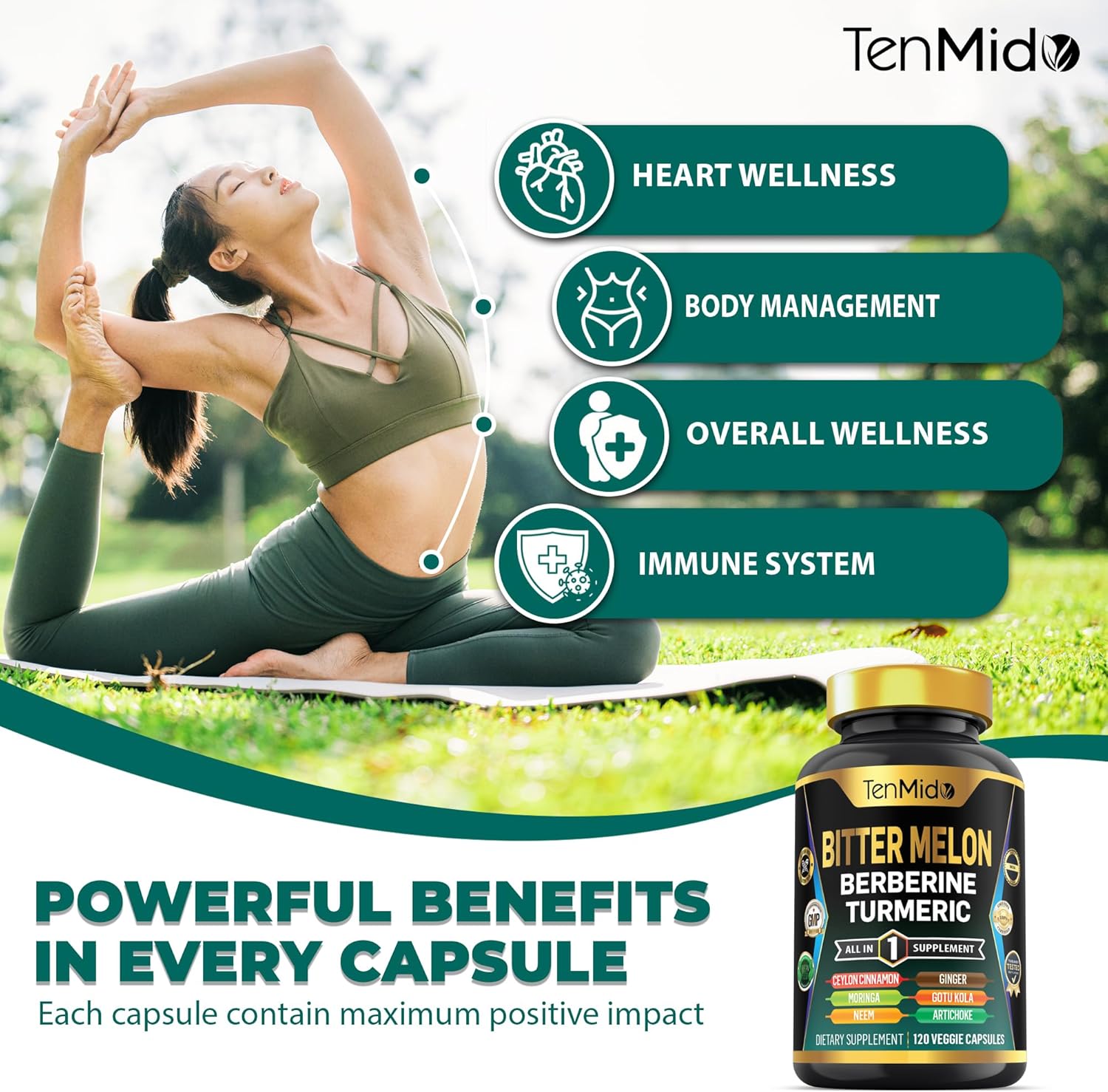 Tenmido Bitter Melon 10in1 Supplement with Berberine, Ceylon Cinnamon, Turmeric, Moringa, Neem, Ginger, Gotu Kola, Artichoke, Black Pepper - 120 Capsules (4 Months Supply)