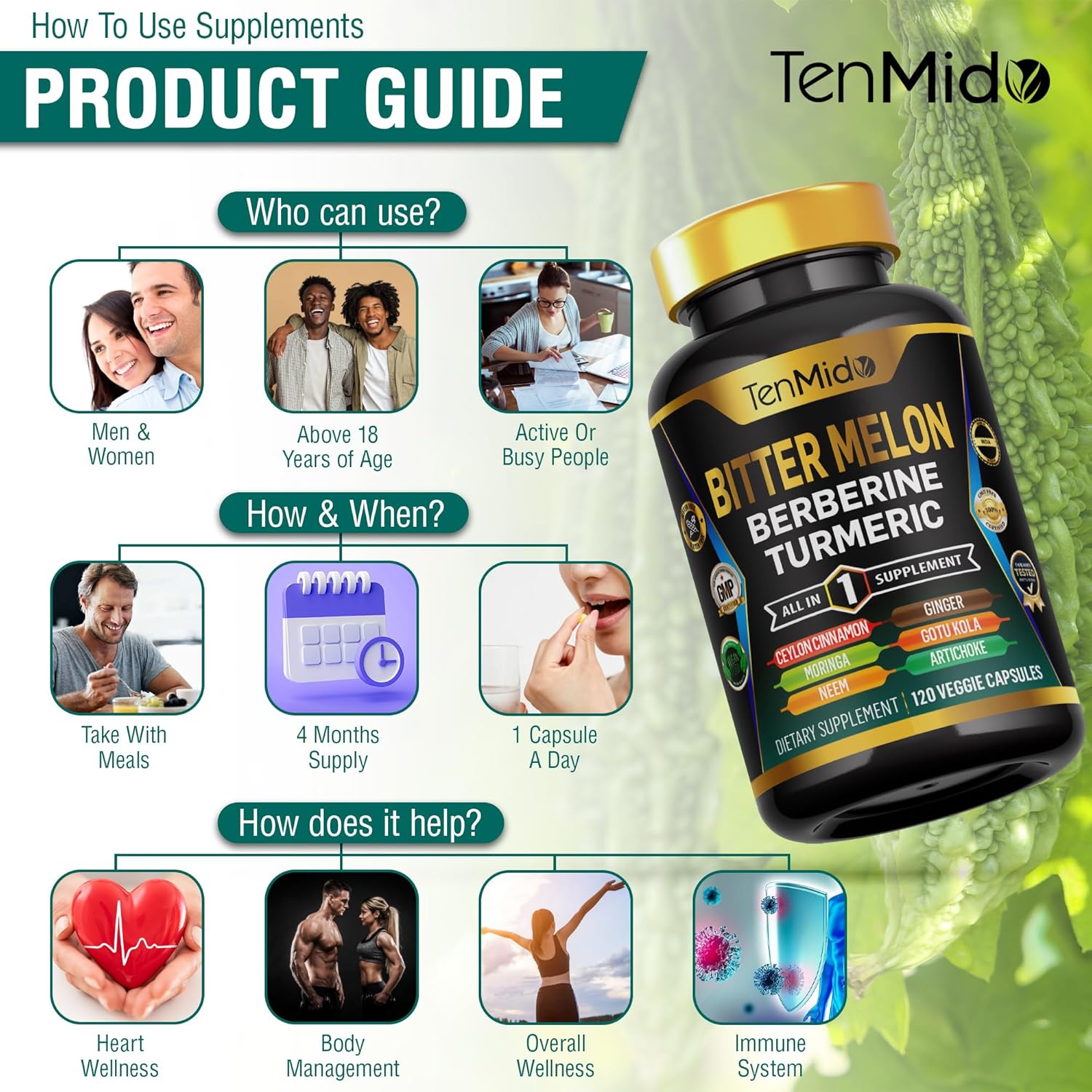 Tenmido Bitter Melon 10in1 Supplement with Berberine, Ceylon Cinnamon, Turmeric, Moringa, Neem, Ginger, Gotu Kola, Artichoke, Black Pepper - 120 Capsules (4 Months Supply)