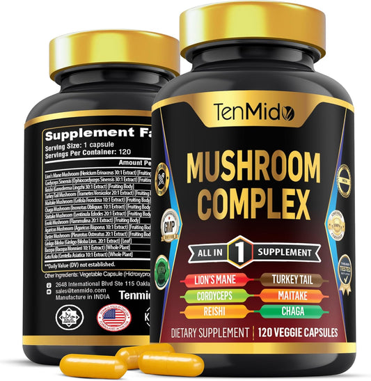 Tenmido Mushroom Complex Supplement - 13in1 Formula - Lion's Mane, Cordyceps, Reishi, Turkey Tail, Maitake, Chaga, Shiitake, Enoki & More - 120 Capsules, 4 Months Supply