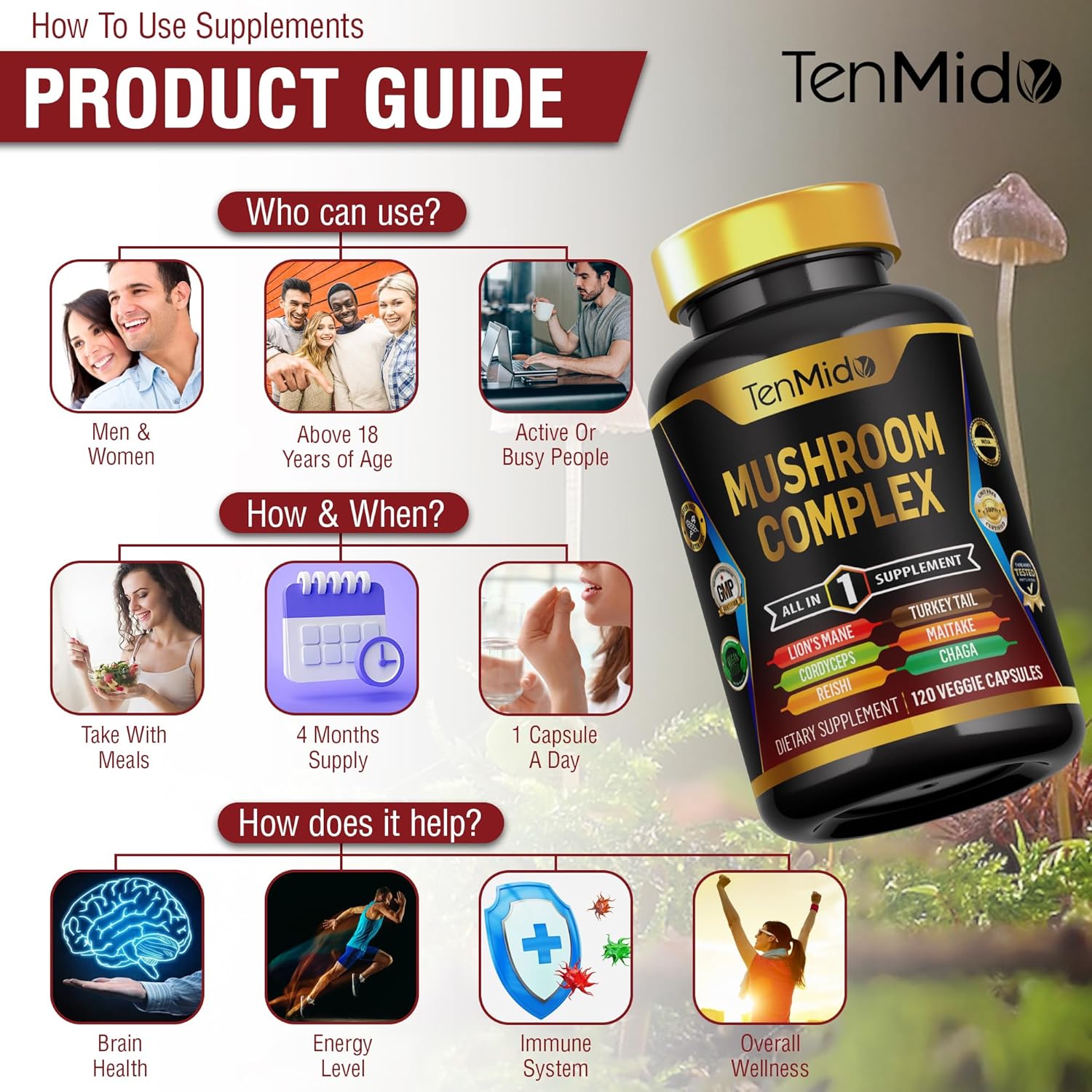 Tenmido Mushroom Complex Supplement - 13in1 Formula - Lion's Mane, Cordyceps, Reishi, Turkey Tail, Maitake, Chaga, Shiitake, Enoki & More - 120 Capsules, 4 Months Supply