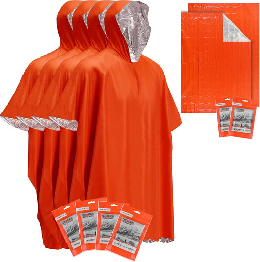 Terdemor Emergency Poncho and Blanket Bundle - 4 Ponchos, 2 Blankets with Mylar Liner - Large and Thick for Survival