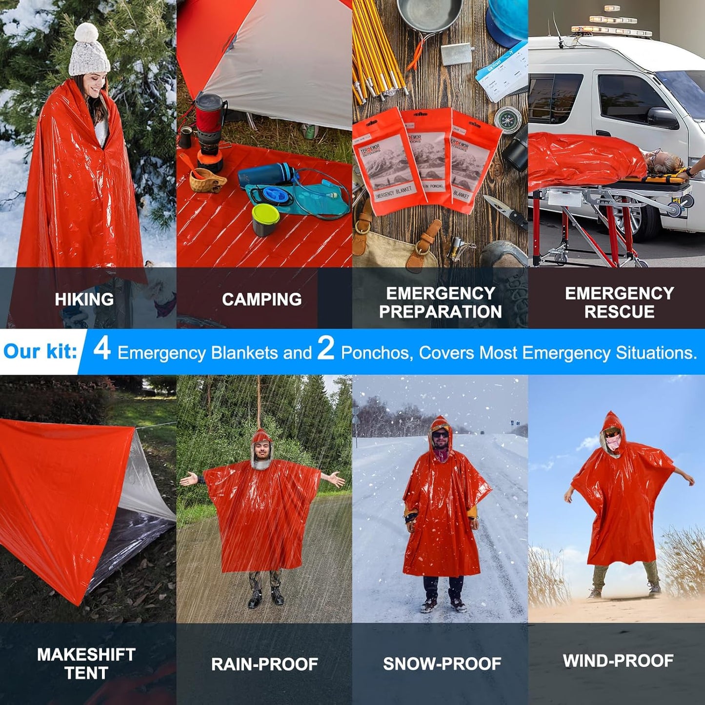 Terdemor Emergency Poncho and Blanket Bundle - 4 Ponchos, 2 Blankets with Mylar Liner - Large and Thick for Survival