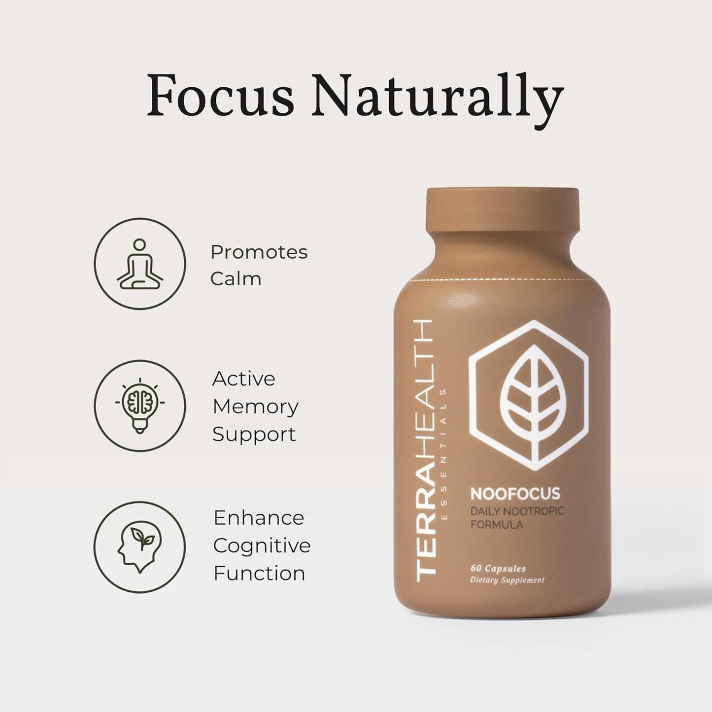 Terra Health NOOFOCUS Nootropic Brain Support Supplement with Adaptogenic Mushrooms, Alpha-GPC, Gotu Kola, L-Theanine - Natural Focus & Memory Boost, 30 Day Supply