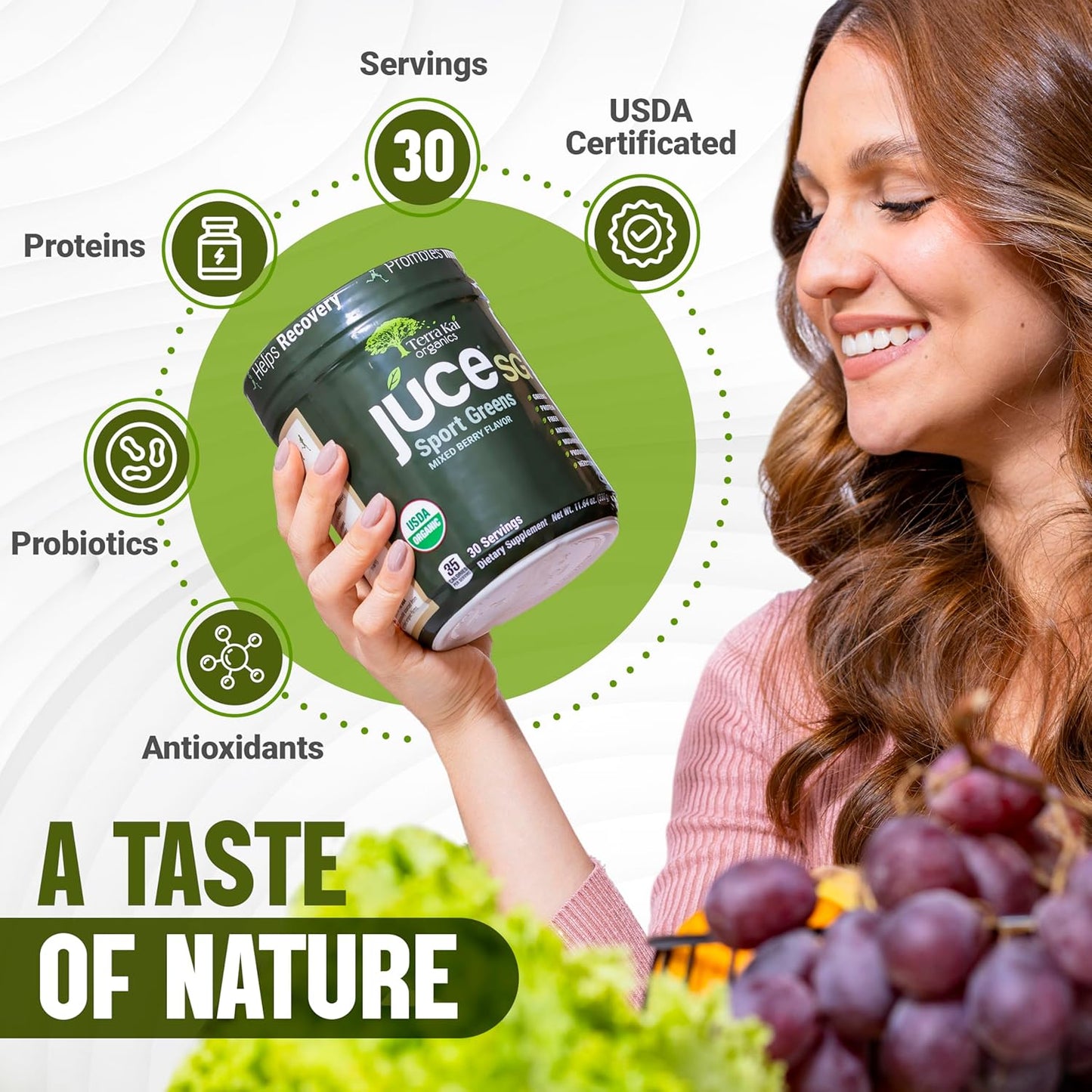 Terra Kai Organics Mixed Berry Green Juice Powder with Probiotics and Mushrooms - Organic Plant Based Protein Supplement for Sport and Wellness, 30 Servings