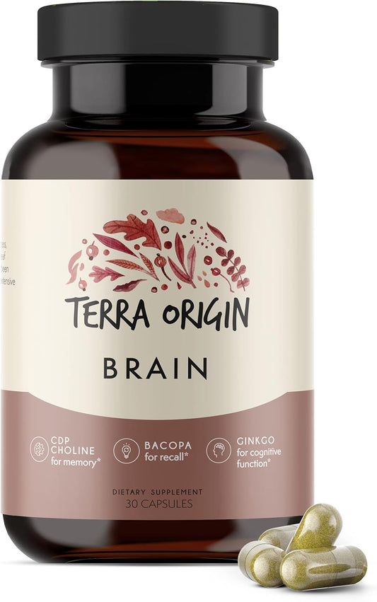 Terra Origin Brain Health Supplement Capsules - 30 Servings with CDP Choline, Ginkgo Biloba, Bacopa - Improves Memory, Recall, Function