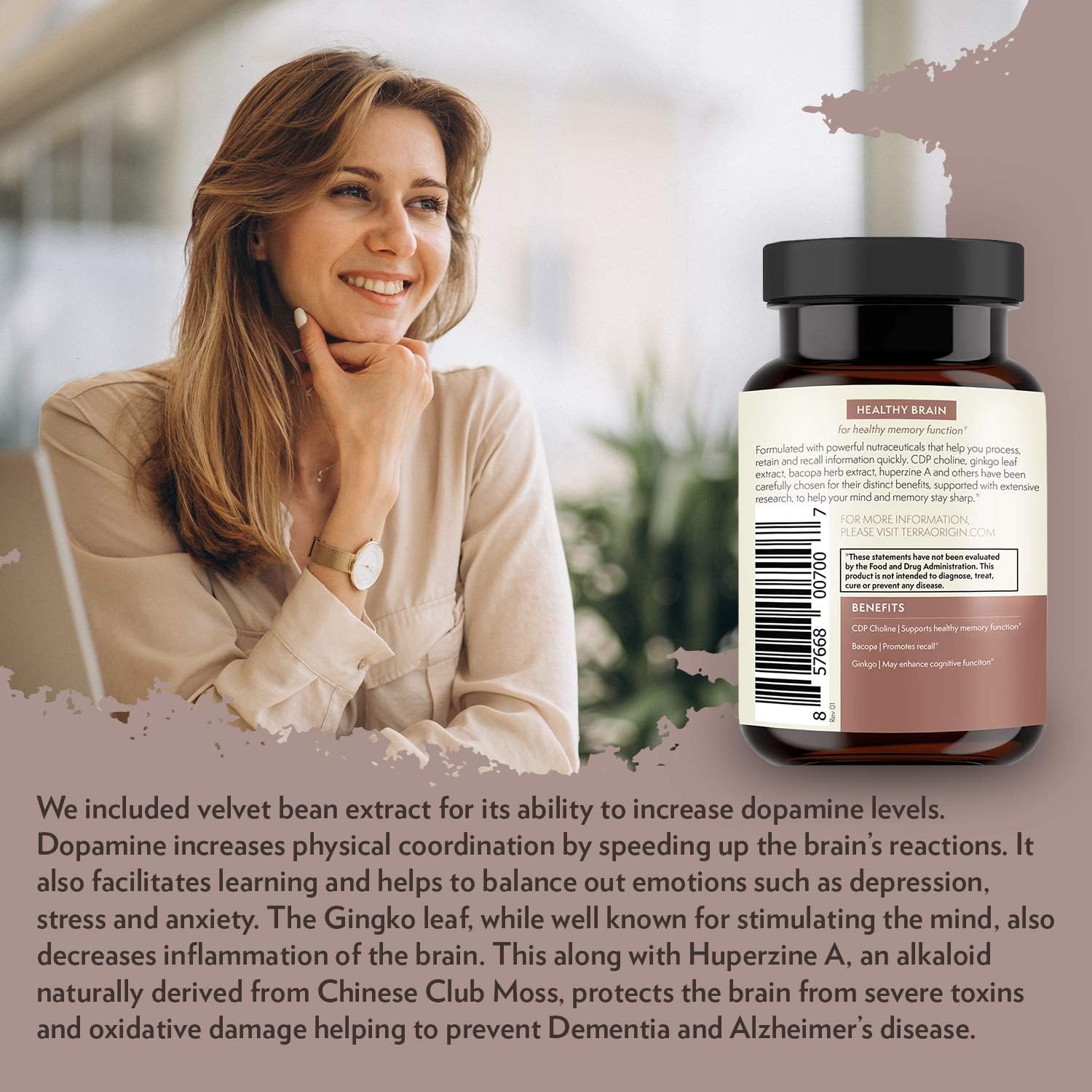 Terra Origin Brain Health Supplement Capsules - 30 Servings with CDP Choline, Ginkgo Biloba, Bacopa - Improves Memory, Recall, Function